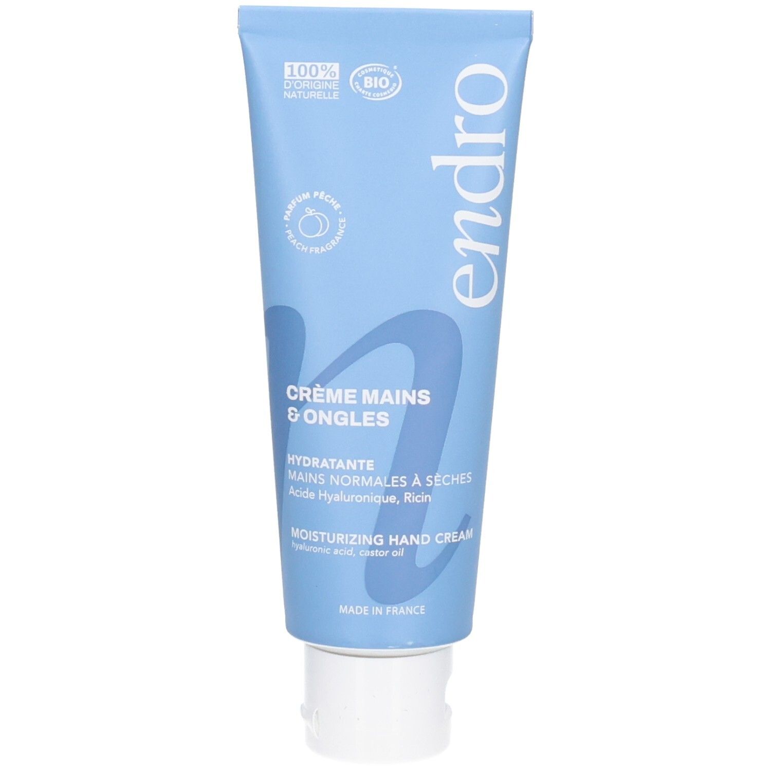 Endro Hand- und Nagelcreme in blauer Tube mit weißem Verschluss. 100% natürliche Inhaltsstoffe, Bio-zertifiziert.
