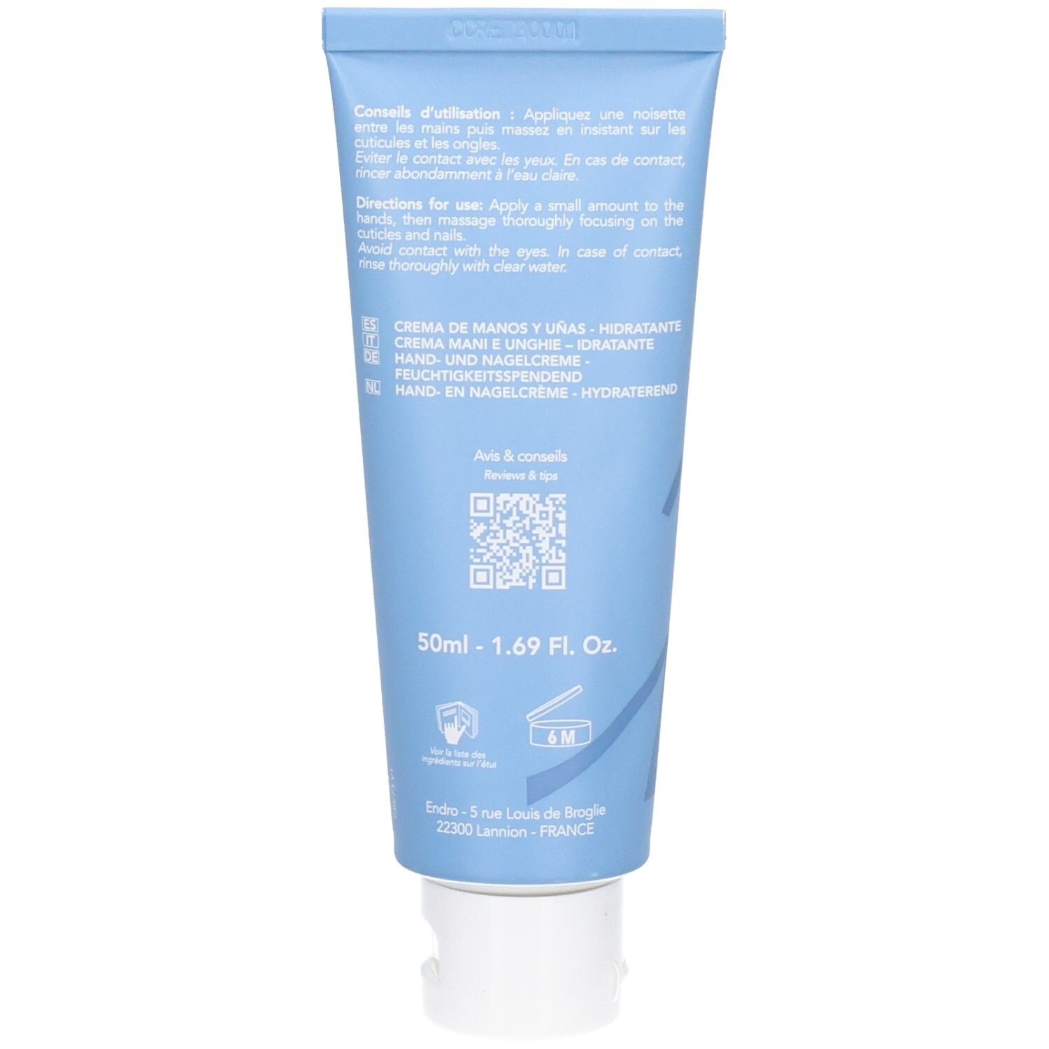 Rückseite der Endro Hand- und Nagelcreme-Tube. Enthält Anwendungshinweise und Produktinformationen. 50ml.