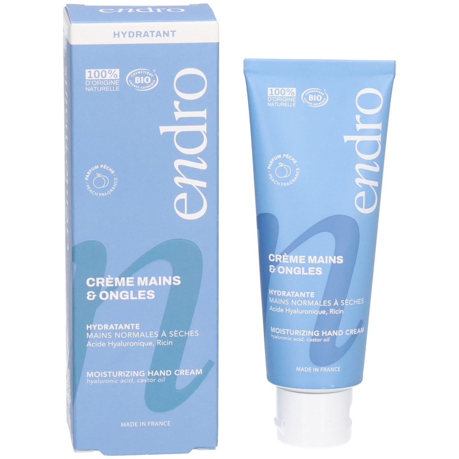 Endro Hand- und Nagelcreme Tube und Faltschachtel. Beide sind blau mit weißer Schrift und Bio-Siegel.