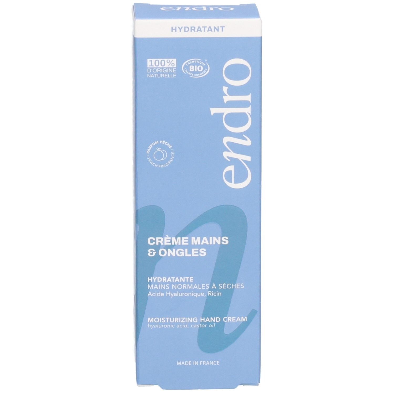 Seitenansicht der blauen Endro Hand- und Nagelcreme-Faltschachtel mit weißer Schrift.