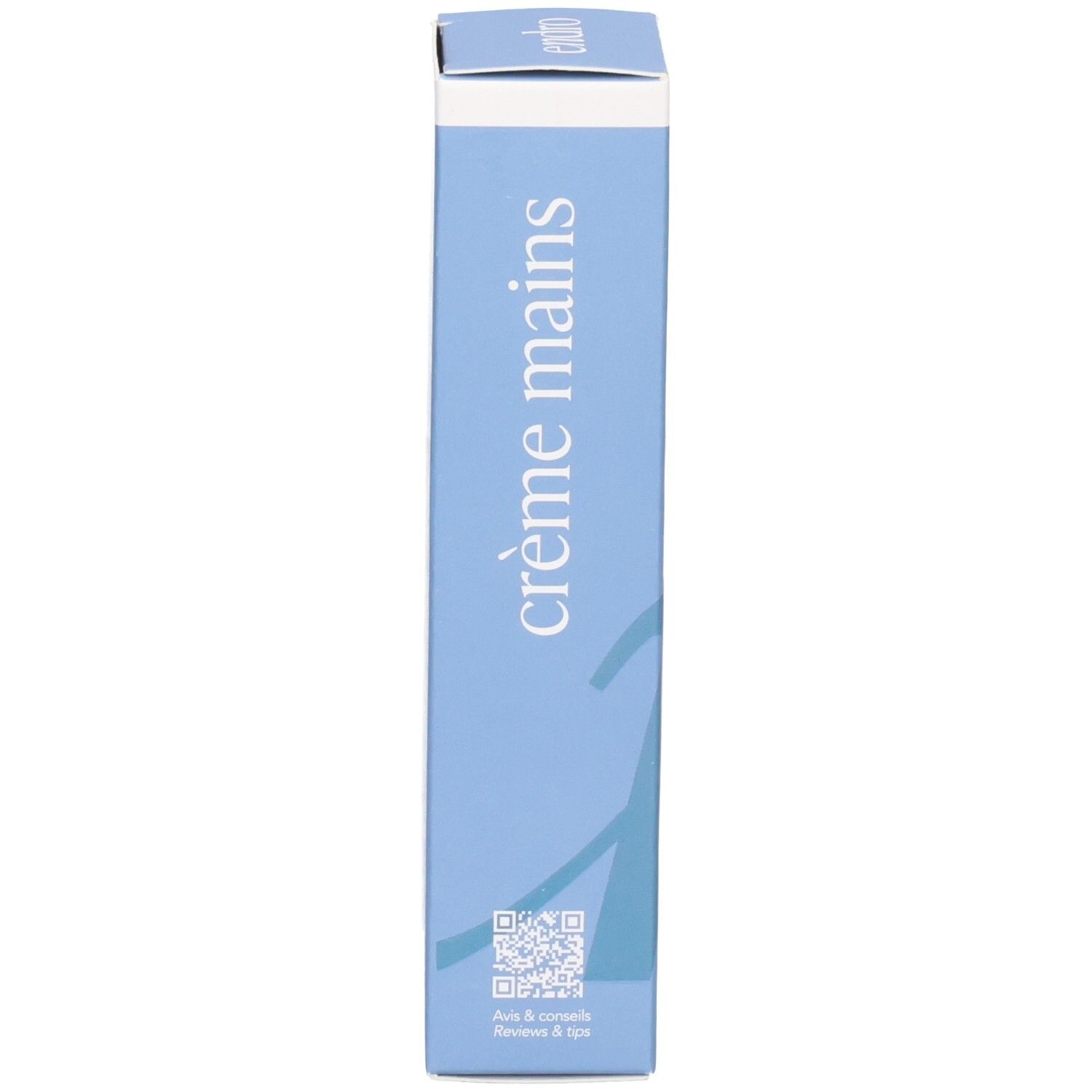 Seitenansicht der blauen Endro Hand- und Nagelcreme-Faltschachtel mit detaillierten Produktinformationen.