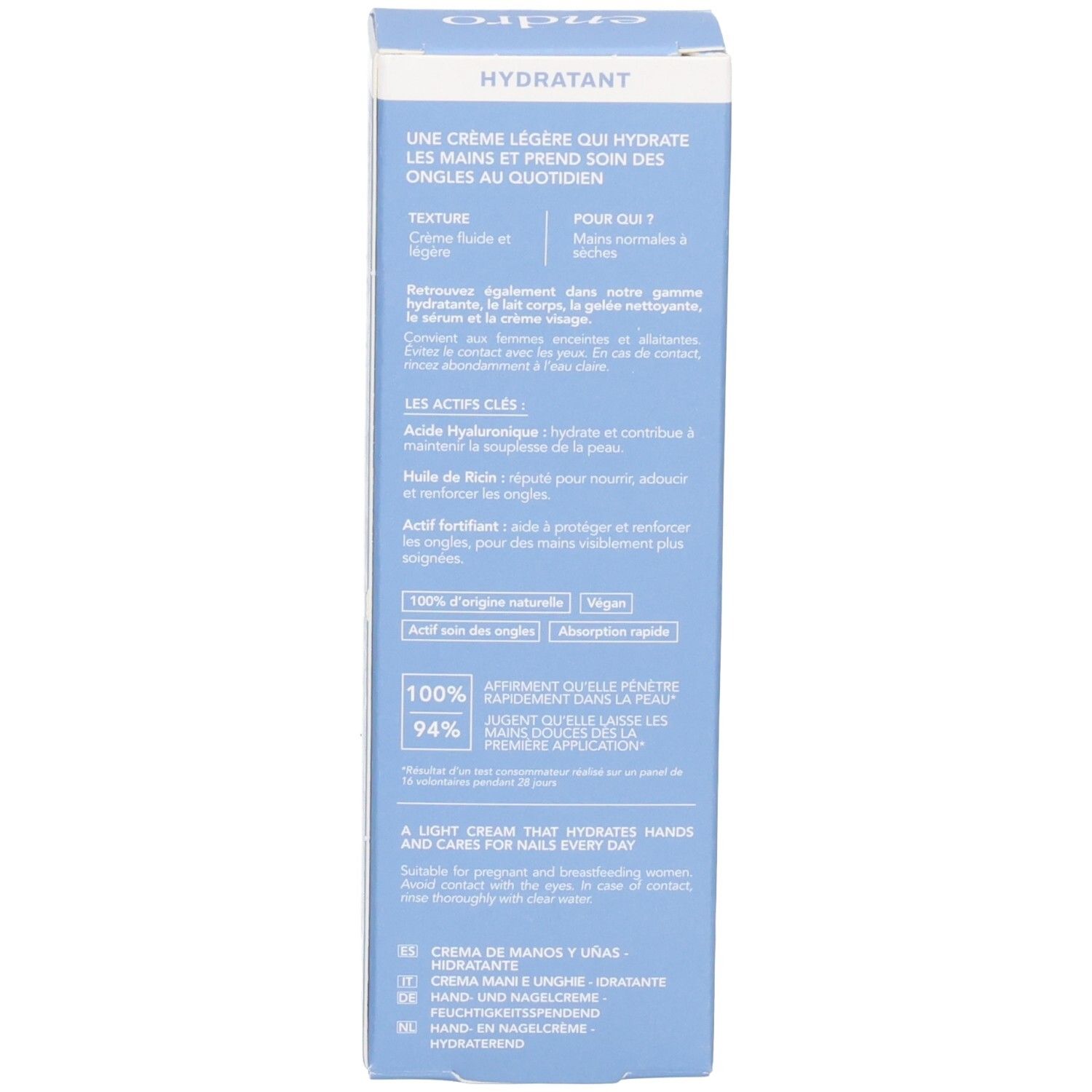 Seitenansicht der blauen Endro Hand- und Nagelcreme-Faltschachtel mit Inhaltsstoffen und Zertifizierungen.