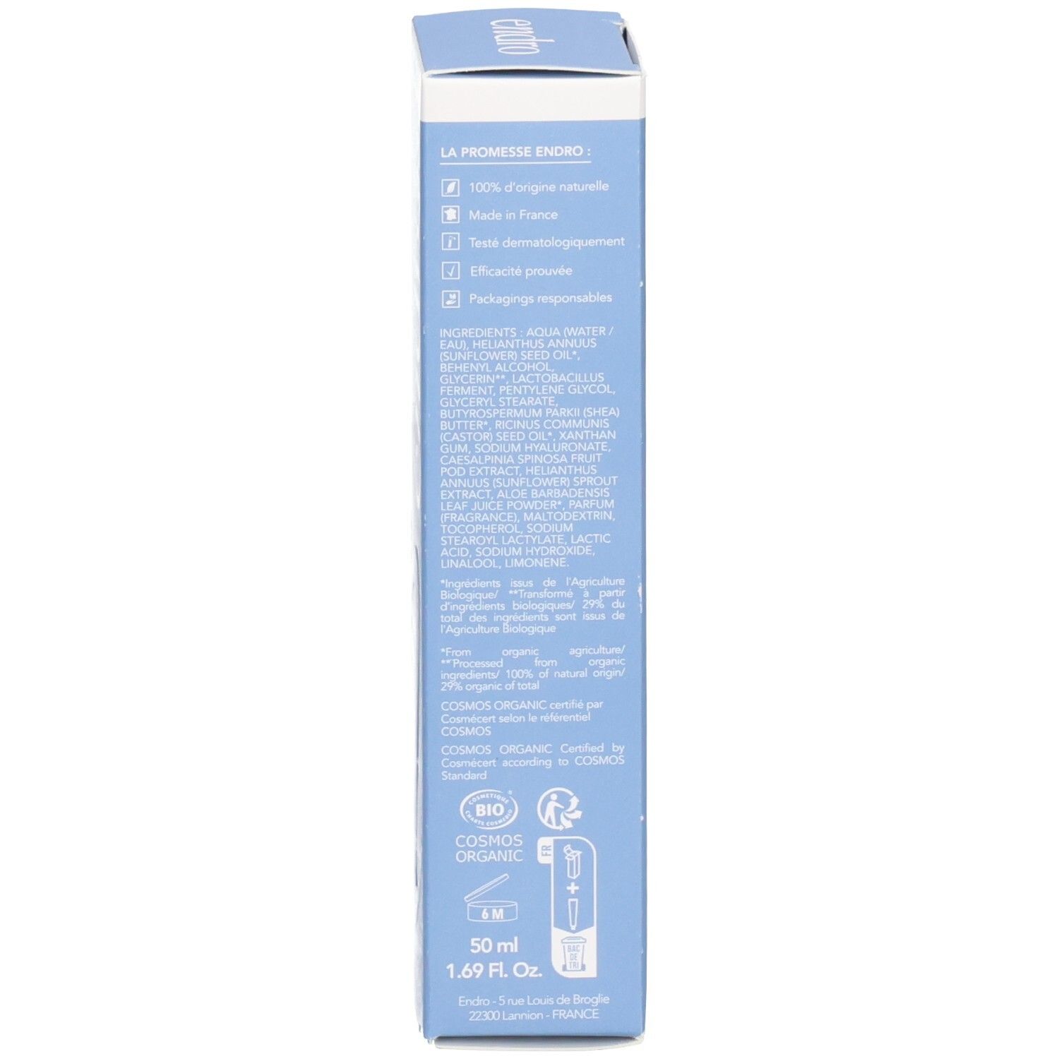 Endro Hand- und Nagelcreme in blauer Tube. 100% natürliche Inhaltsstoffe, Bio-zertifiziert, Made in France.
