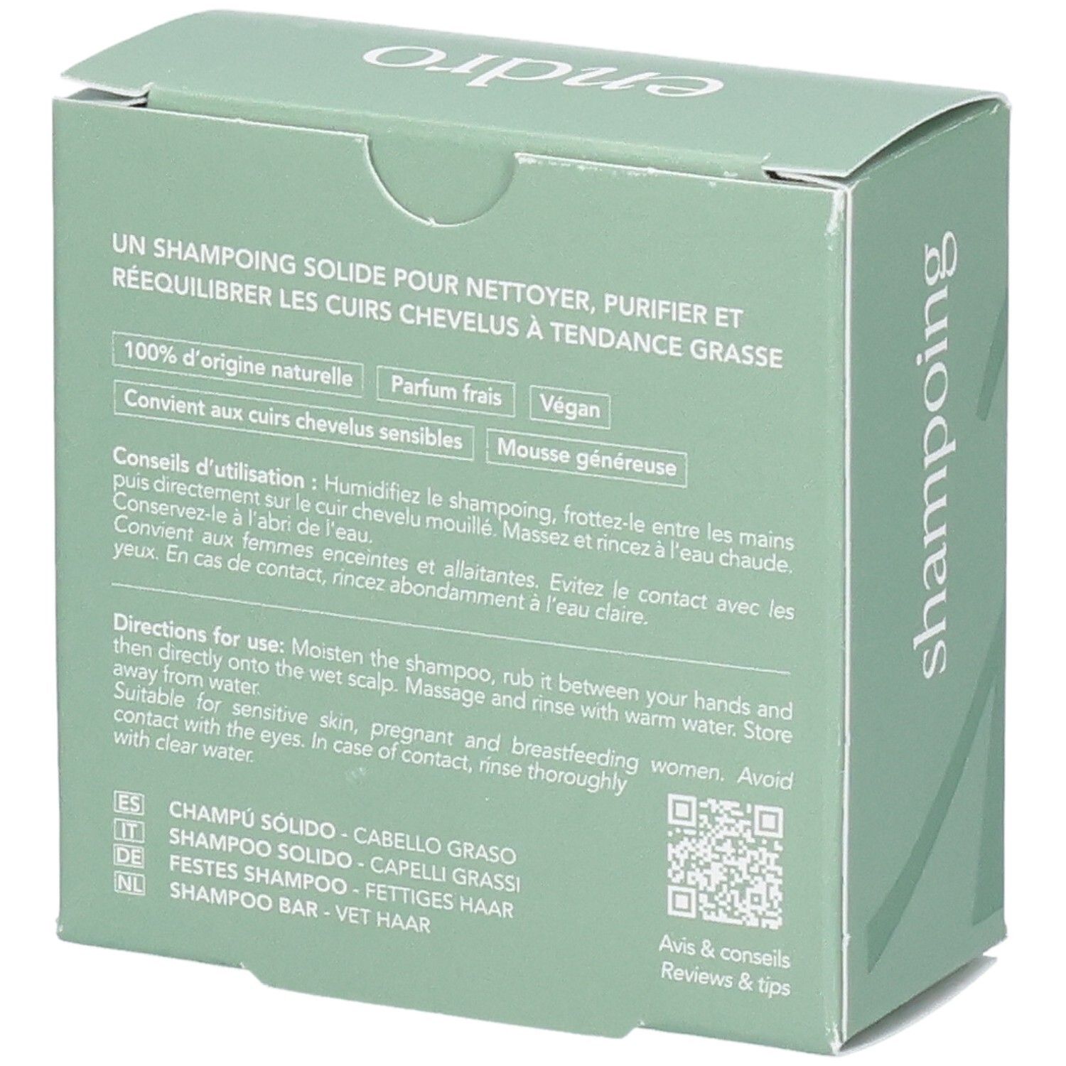 Endro festes Shampoo für fettiges Haar, Rückseite mit Anwendungshinweisen und QR-Code.