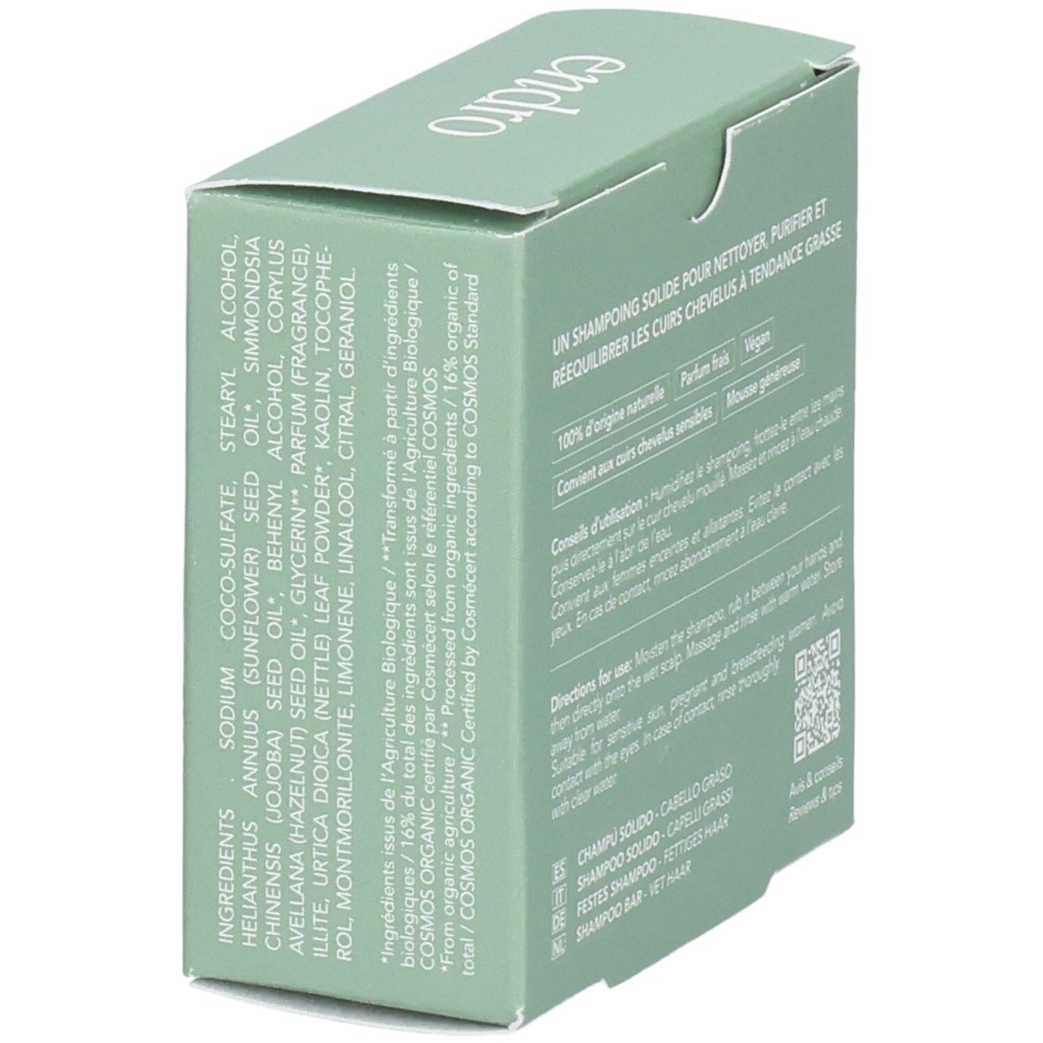 Endro festes Shampoo für fettiges Haar, Seitenansicht mit Inhaltsstoffliste.