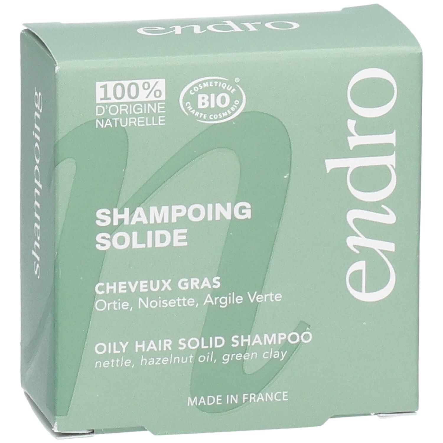 Endro festes Shampoo für fettiges Haar, schräge Ansicht, 100% natürliche Herkunft, Bio.