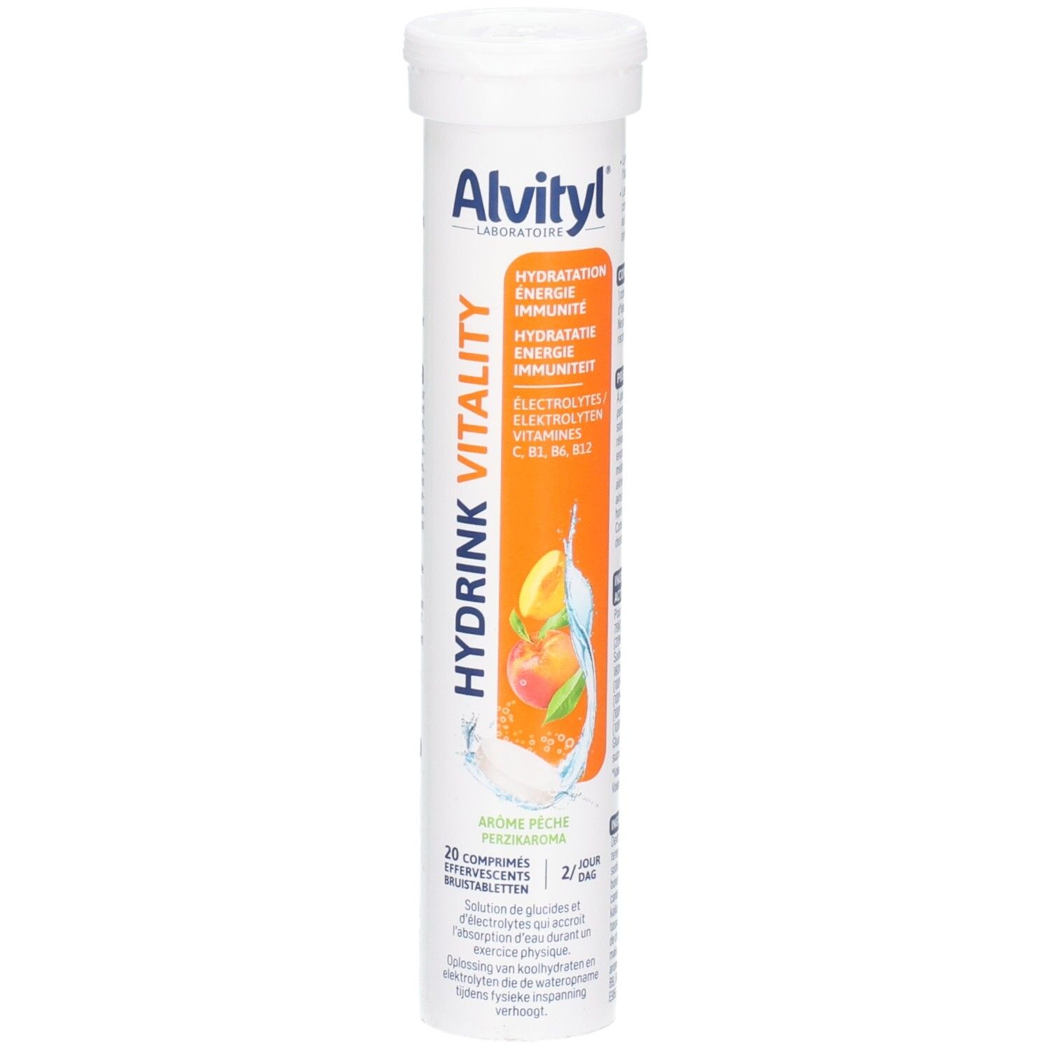 Alvityl Hydrink Vitality Brausetabletten, Pfirsich-Maracuja-Geschmack. Röhrchen mit 20 Tabletten.