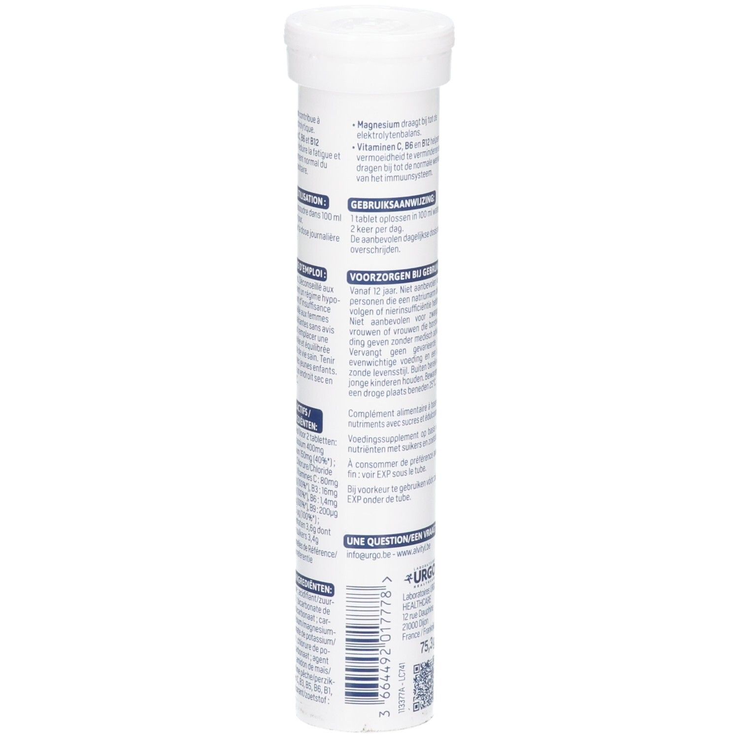Seitenansicht der Alvityl Hydrink Vitality Brausetabletten-Verpackung mit Nährwertangaben.