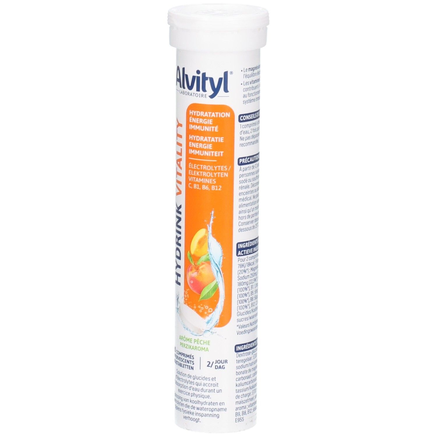 Vorderseite der Alvityl Hydrink Vitality Brausetabletten-Verpackung mit Fruchtbild.