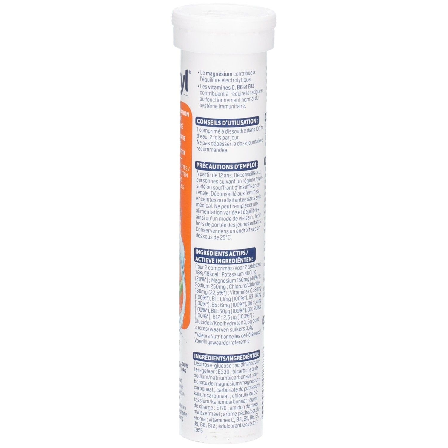 Seitenansicht der Alvityl Hydrink Vitality Brausetabletten-Verpackung mit Inhaltsstoffen.