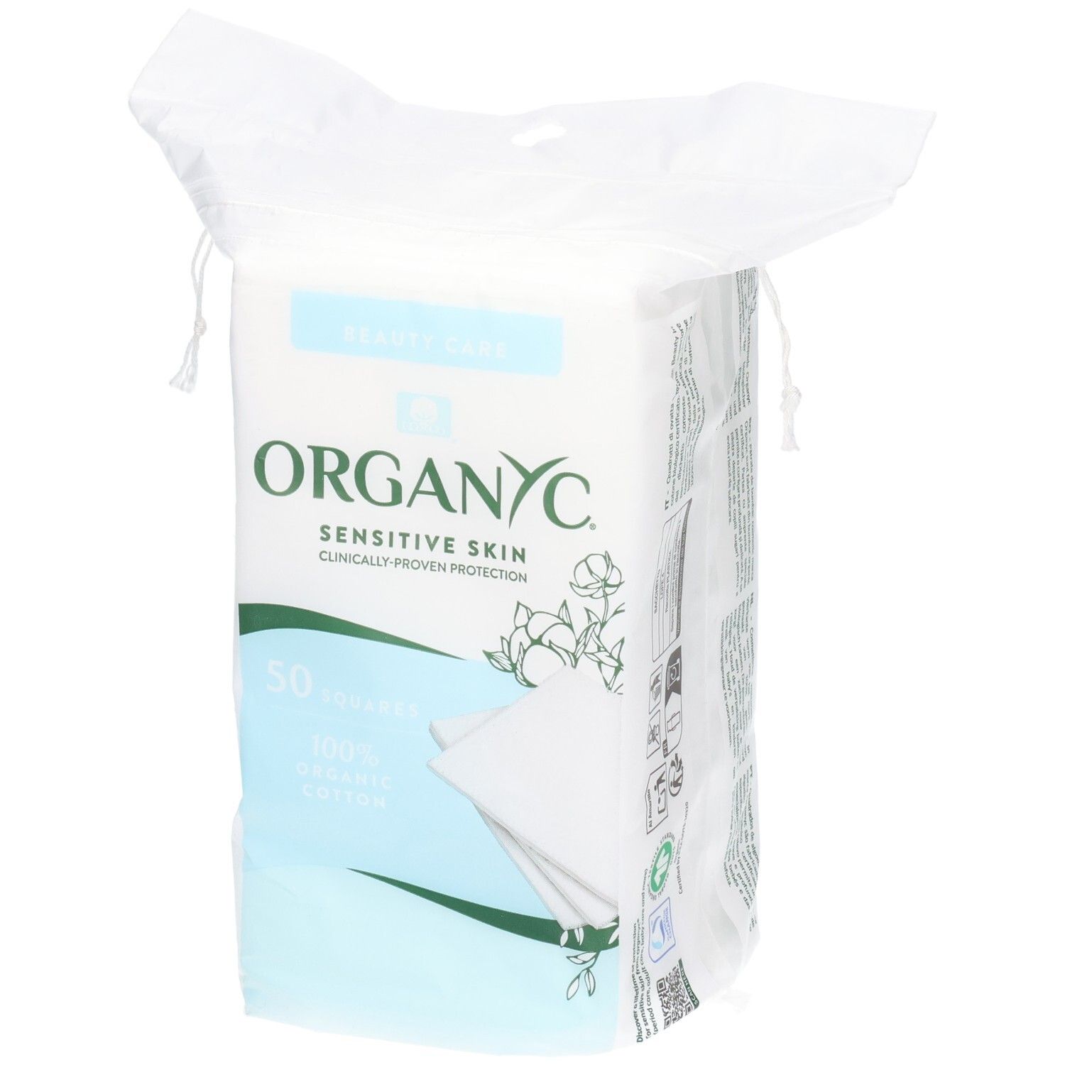 Packung mit 50 ORGANIC Wattepads für empfindliche Haut, 100% Bio-Baumwolle.