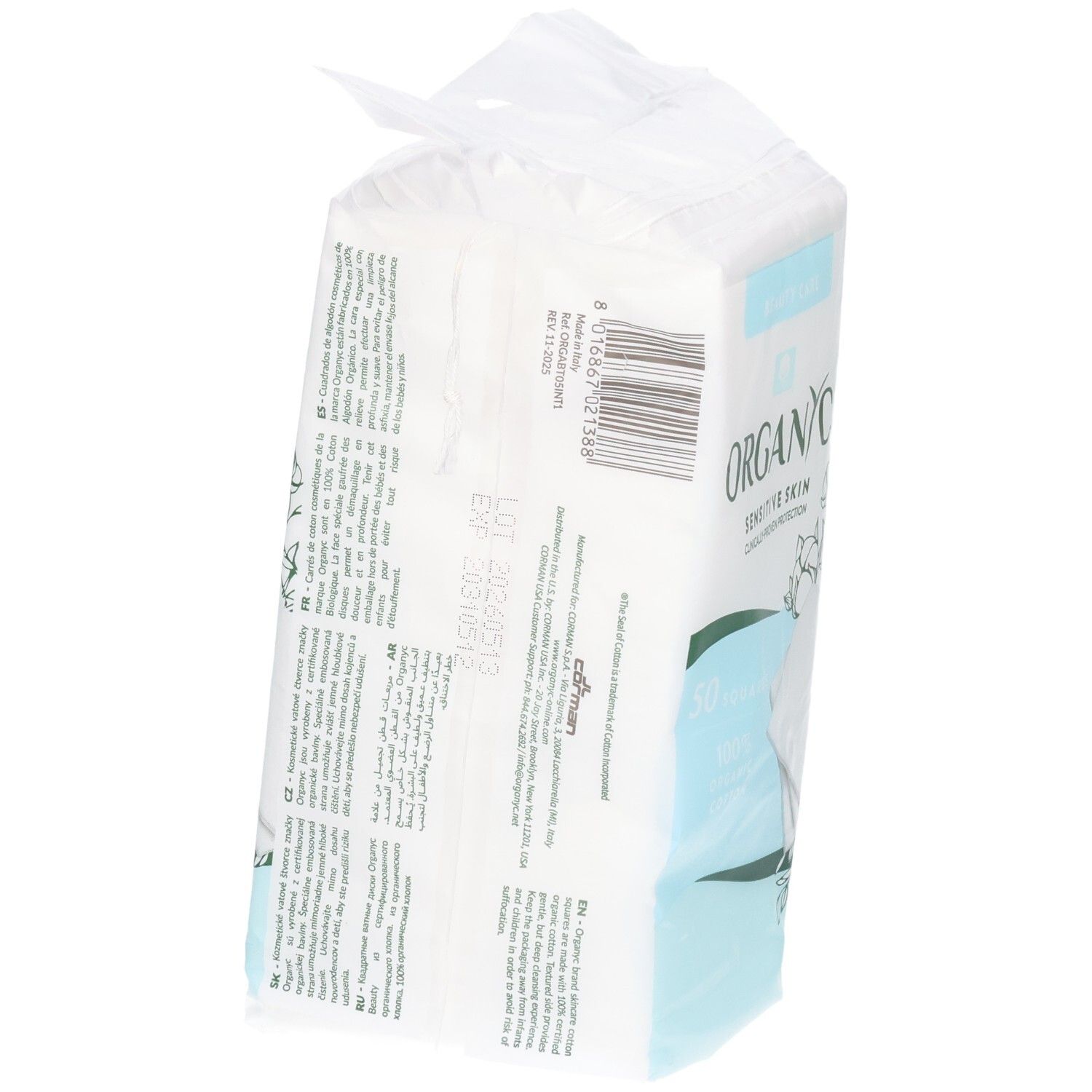 Verpackung mit Bio-Baumwollpads, 'ORGANIC' und 'SENSITIVE SKIN' Aufschrift.