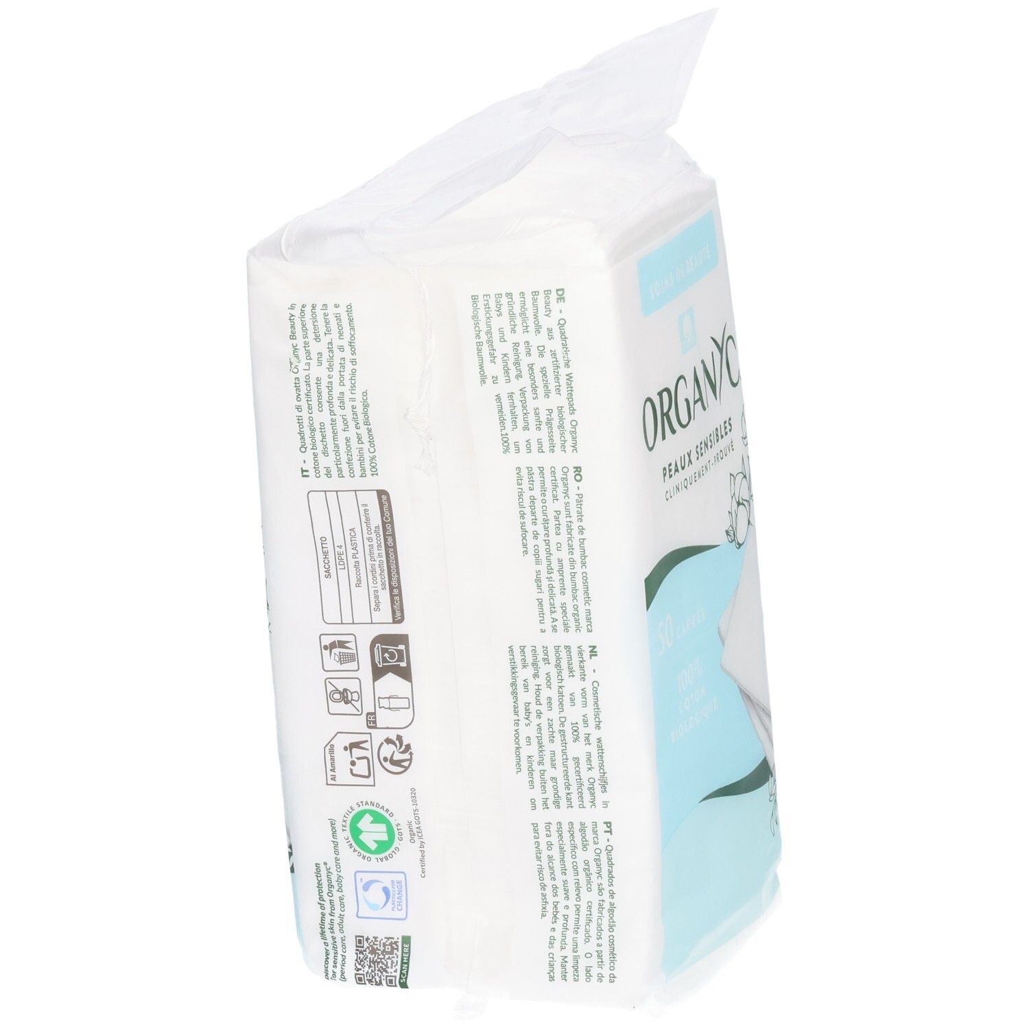 Verpackung von Bio-Binden mit Aufdruck 'ORGANIC'. Mehrsprachige Produktinformationen und Siegel.