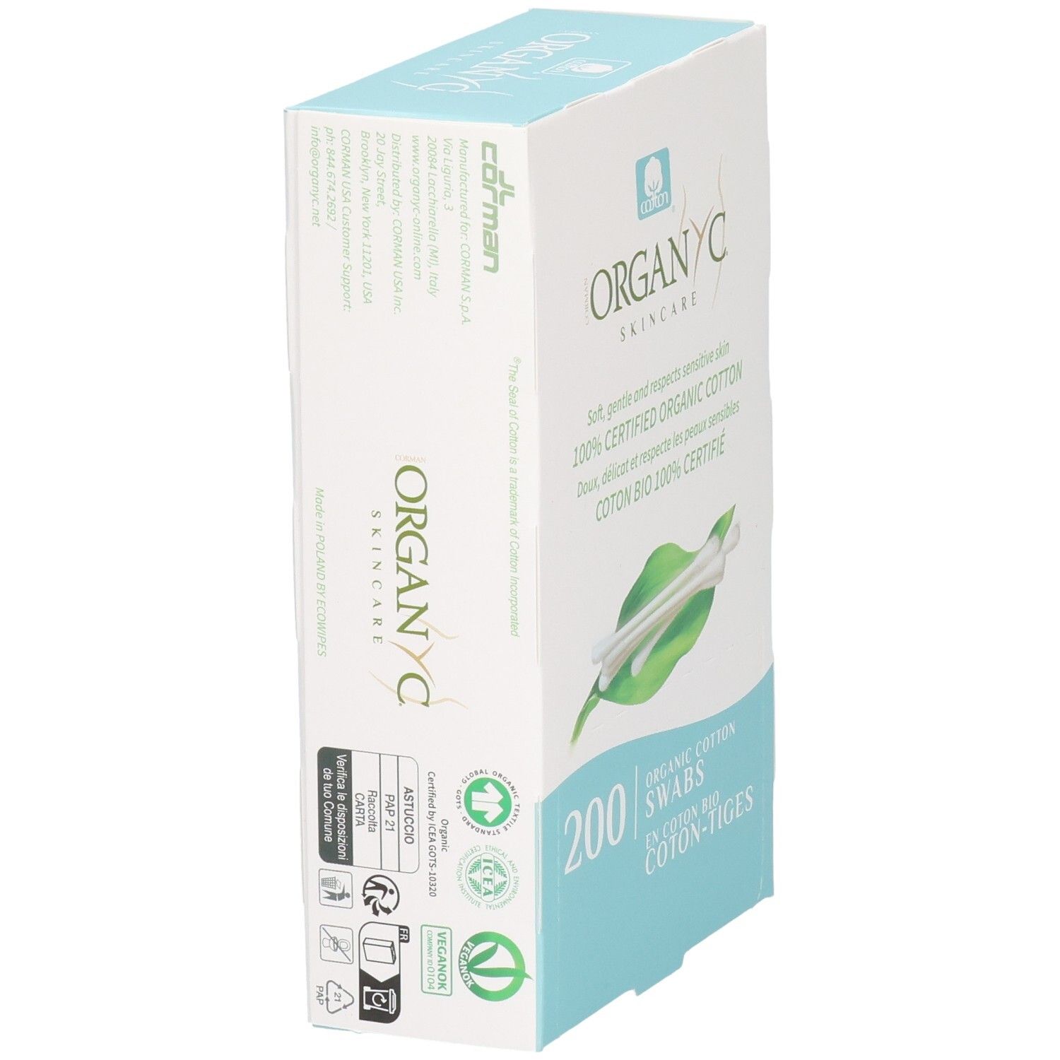 Packung mit 200 Bio-Wattestäbchen von OrganYc Skincare.