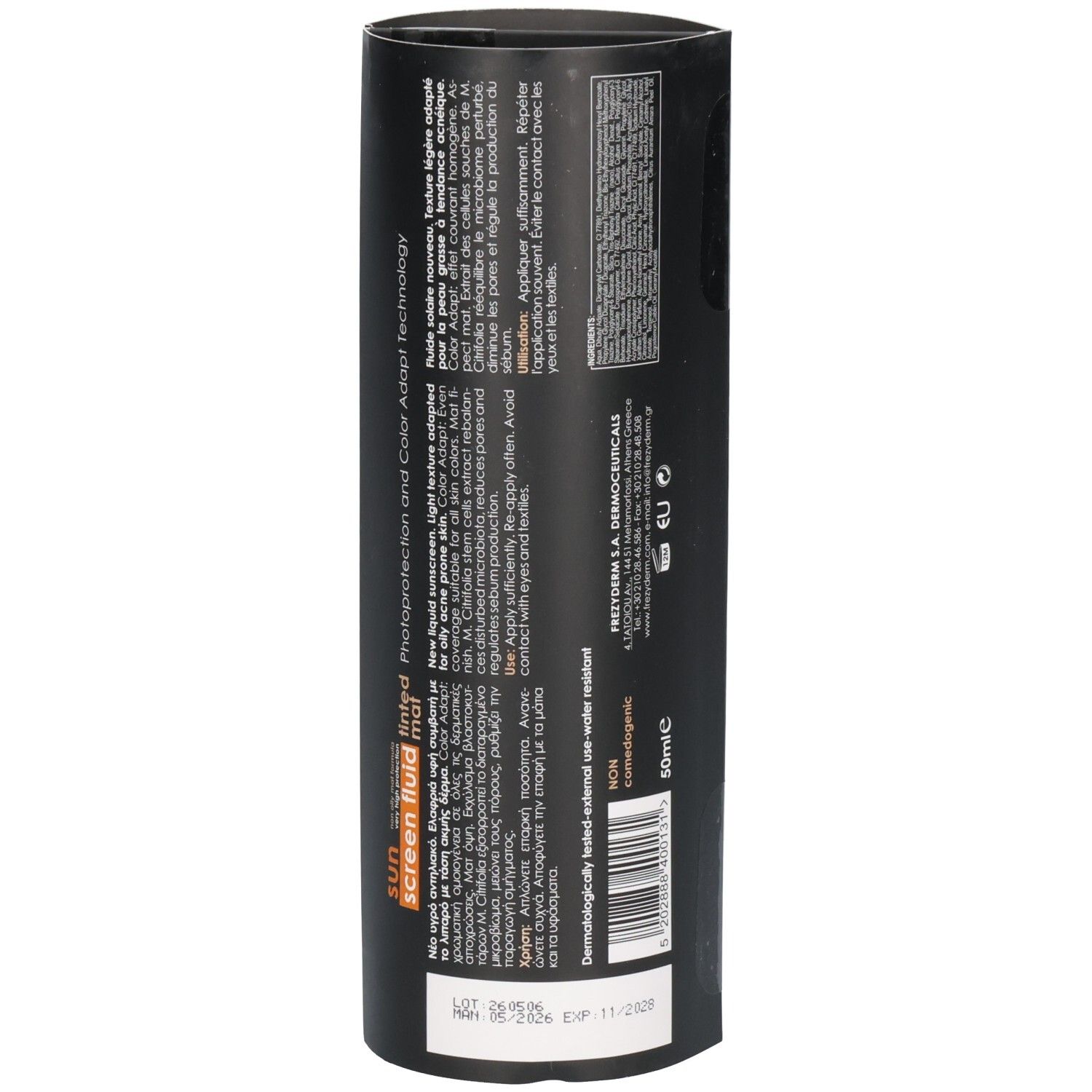 Frezyderm Ac-Norm Sonnenfluid, Seite mit Anwendungshinweisen und Inhaltsstoffen.