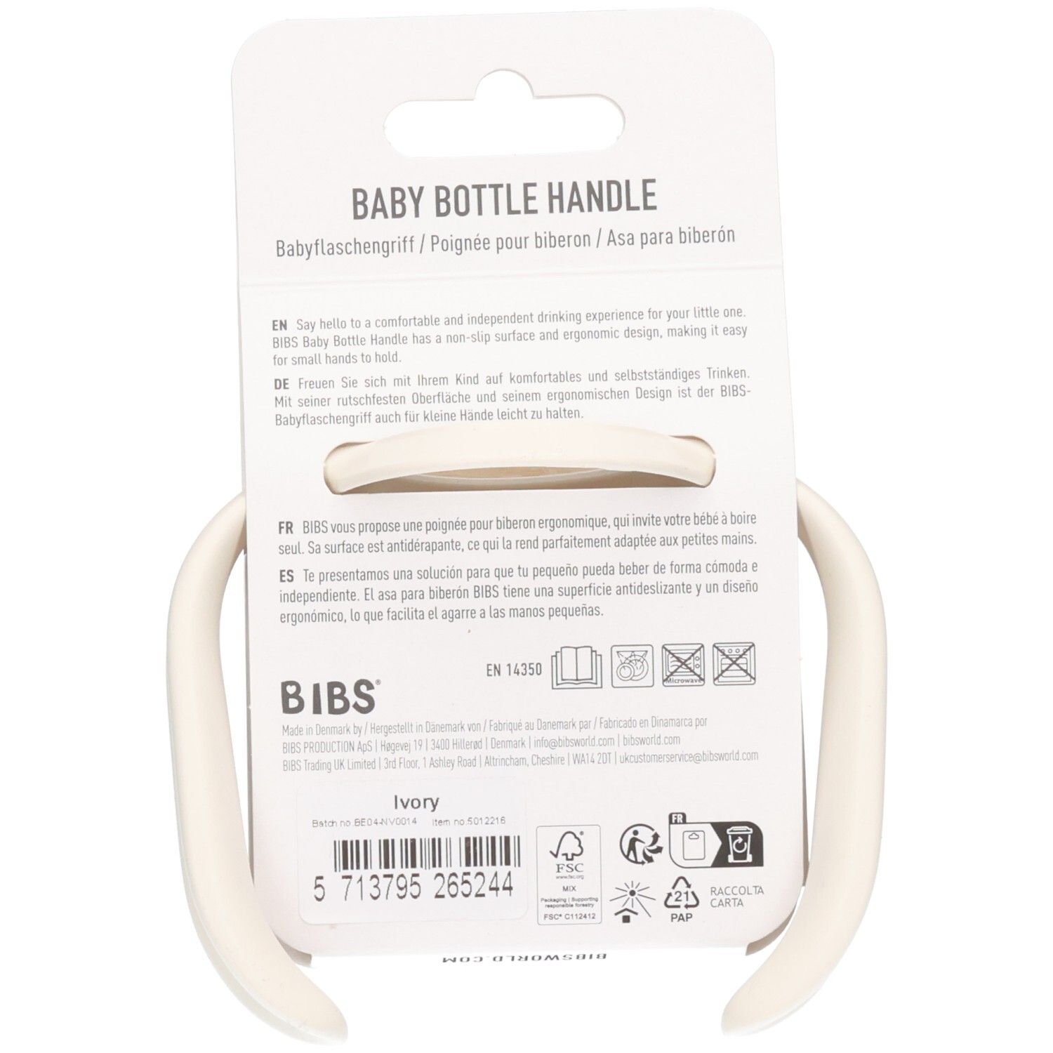 Rückseite der BIBS Babyflaschengriff-Verpackung. Informationen zu Material und Design. Elfenbein.