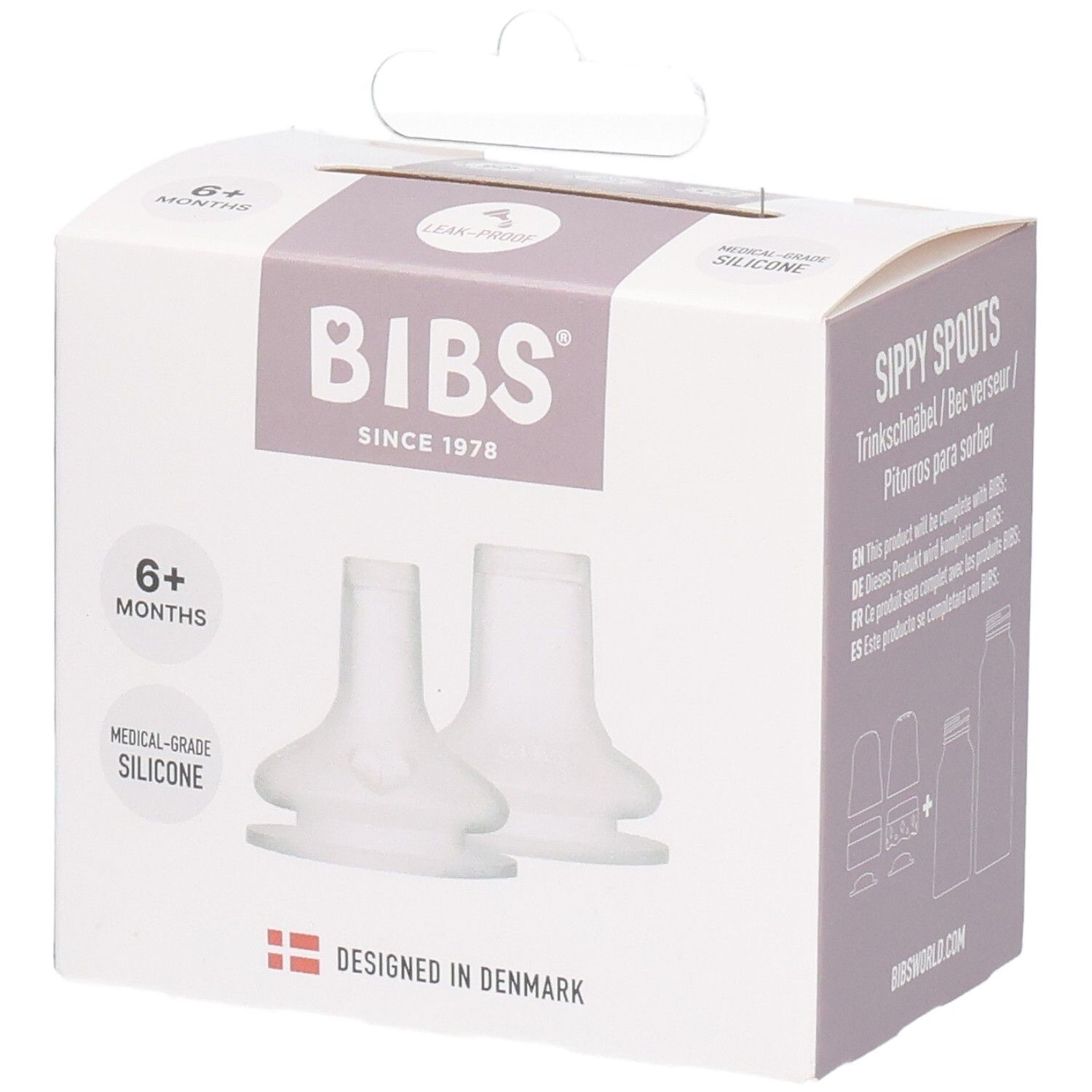 BIBS Sippy Spouts aus medizinischem Silikon, 2 Stück, für Babys ab 6 Monaten.