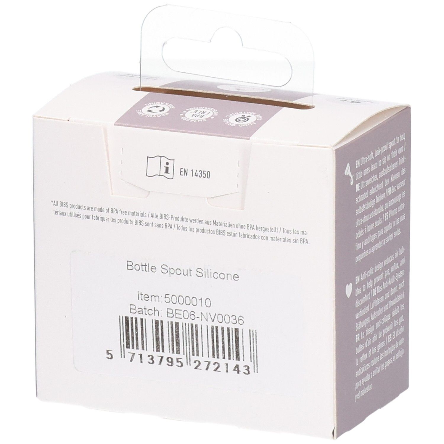 BIBS Flaschenaufsatz Silikon, Artikelnummer 5000010, Charge BE06-NV0036.
