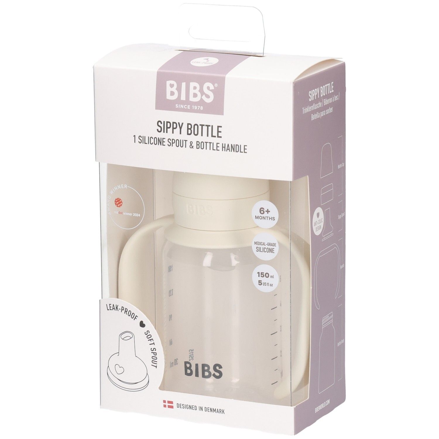 BIBS Sippy Flasche in Ivory, 150ml, mit Griffen und Silikon-Ausguss.