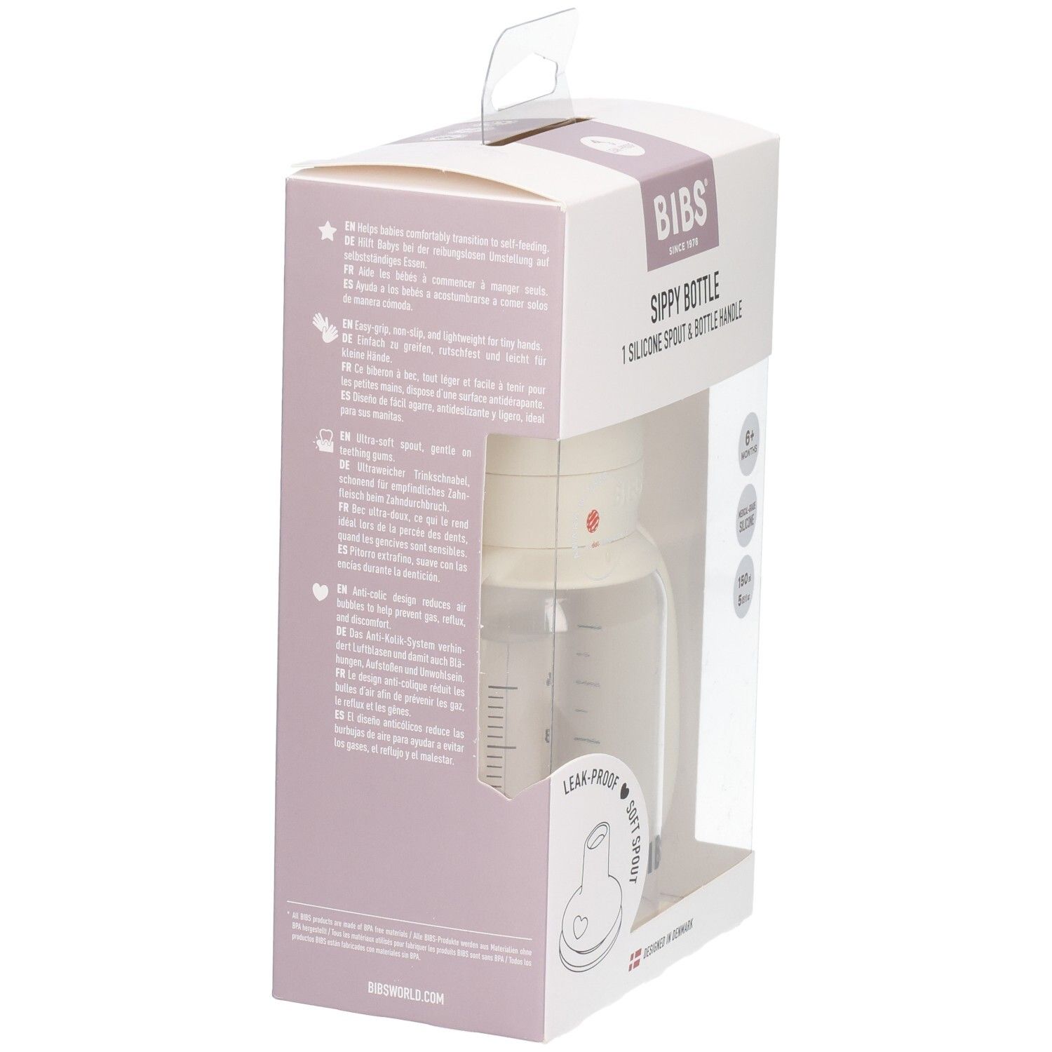Rückseite der BIBS Sippy Flasche Verpackung mit mehrsprachigen Informationen.