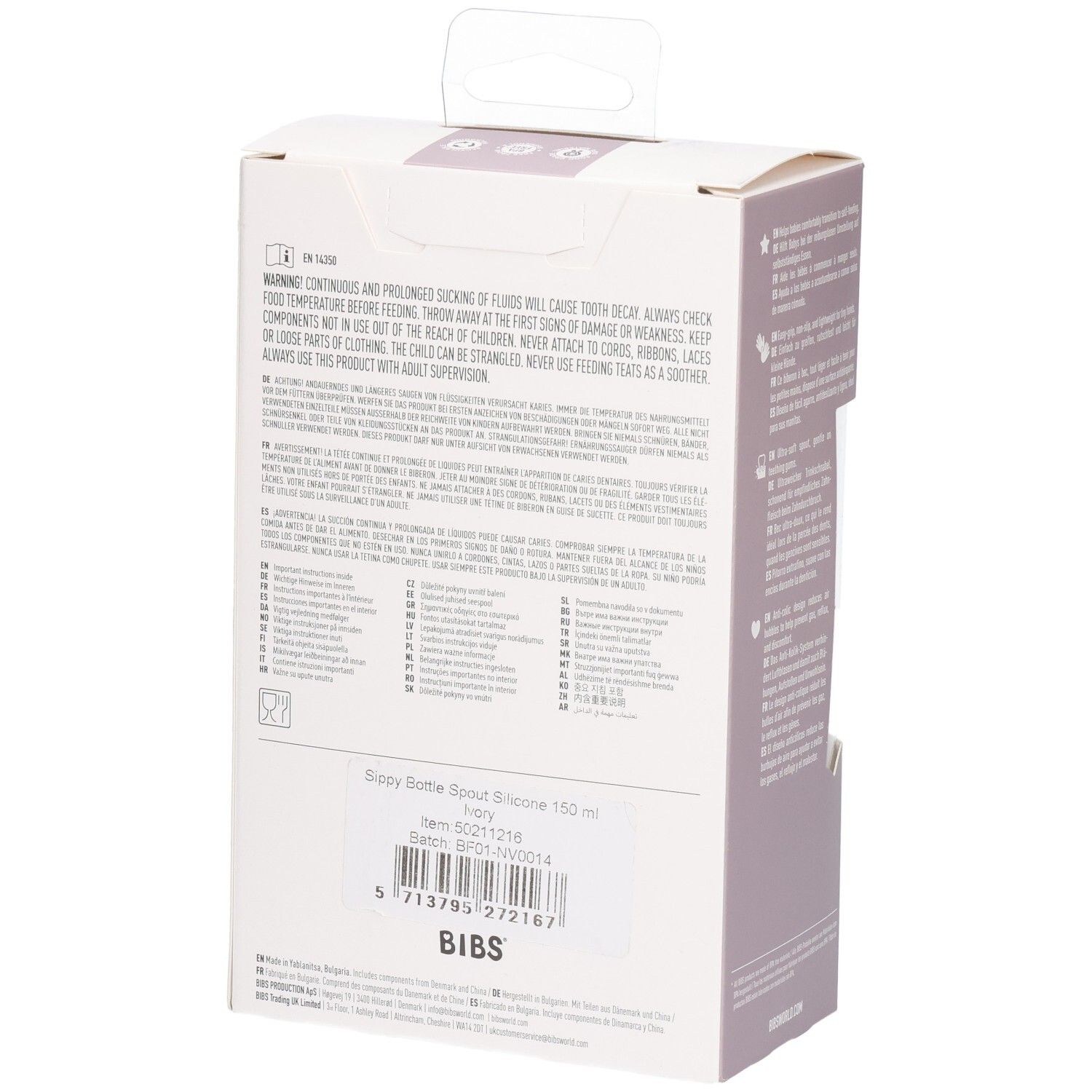 Rückseite der BIBS Sippy Flasche Verpackung mit Warnhinweisen und Produktinformationen.