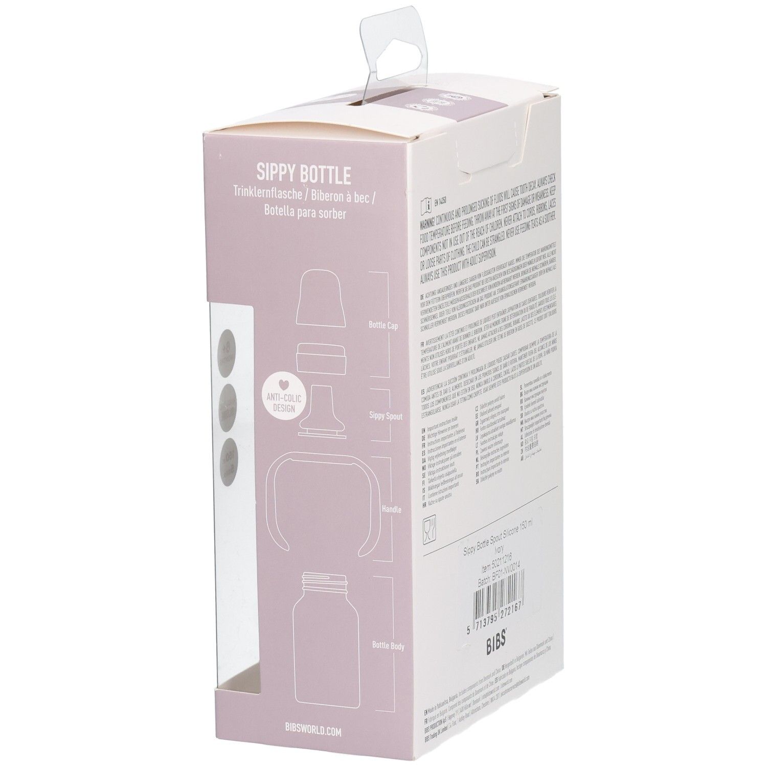 Seitenansicht der BIBS Sippy Flasche Verpackung mit schematischer Darstellung.