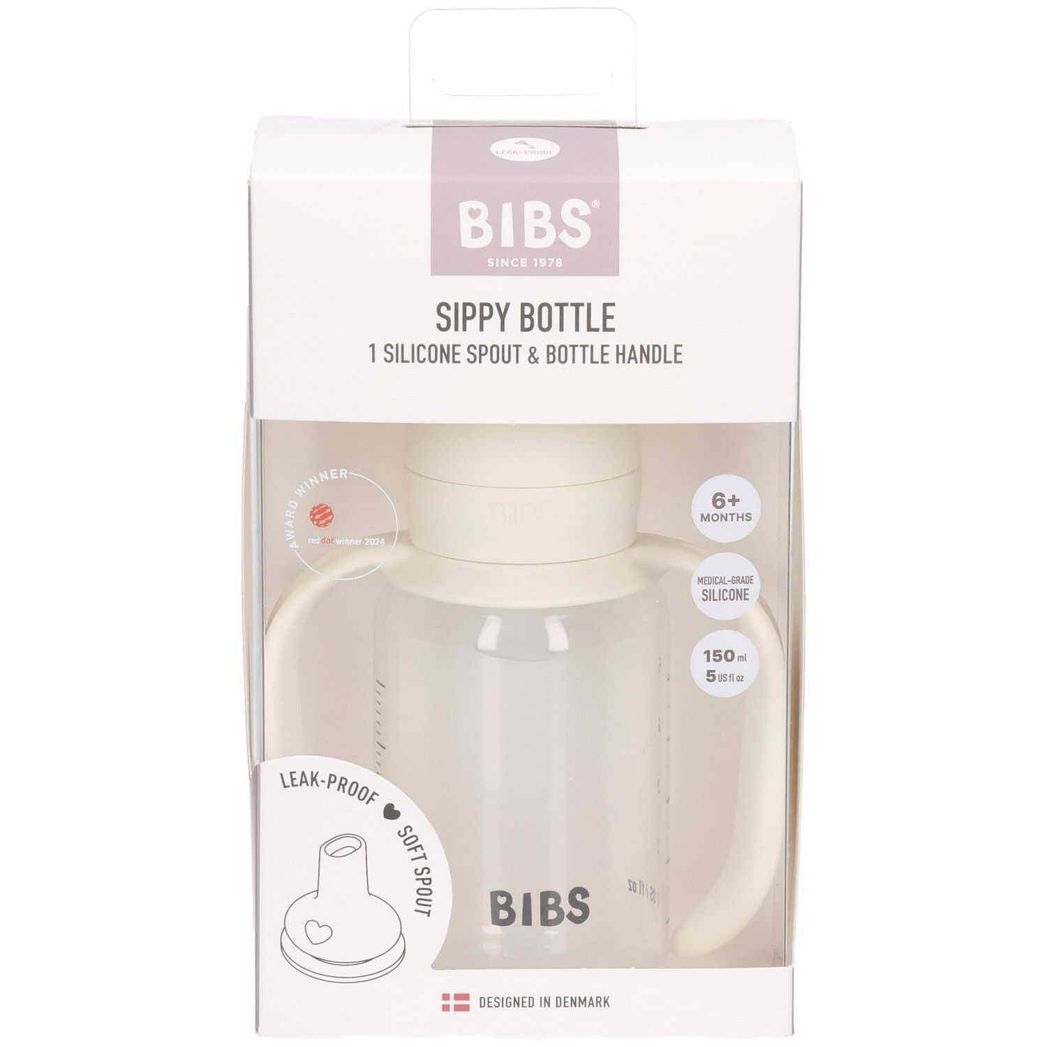 BIBS Sippy Flasche in Ivory, 150ml, mit Griffen und Silikon-Ausguss, Vorderansicht.