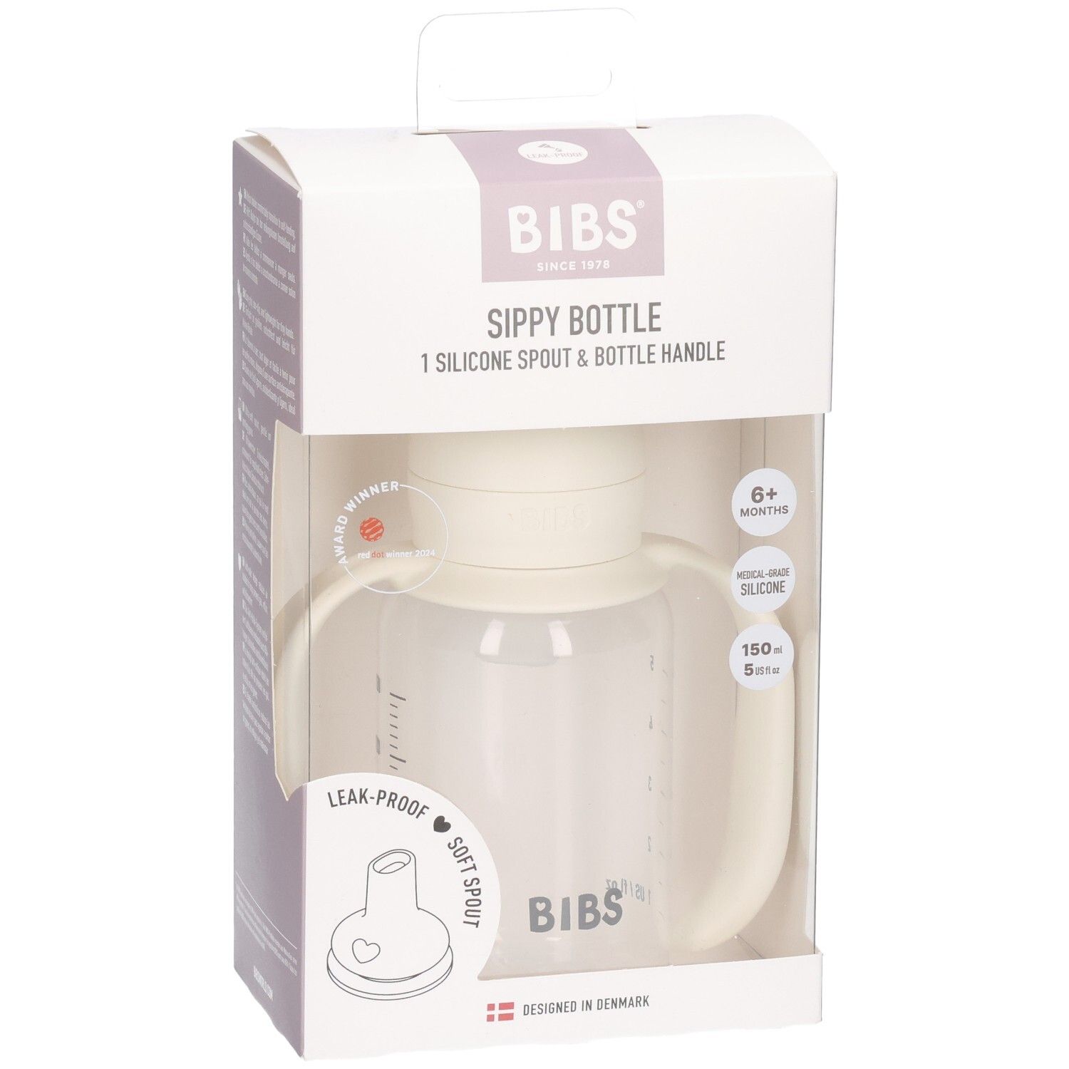BIBS Sippy Flasche in Ivory, 150ml, mit Griffen und Silikon-Ausguss, leicht schräg.