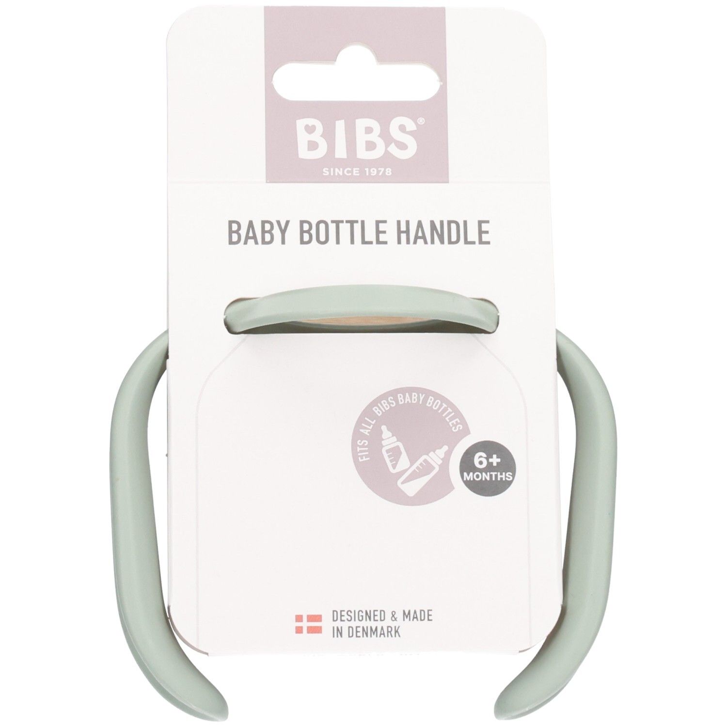 BIBS Babyflaschengriff in Hellgrün, passend für alle BIBS Babyflaschen, ab 6 Monaten. Hergestellt in Dänemark.