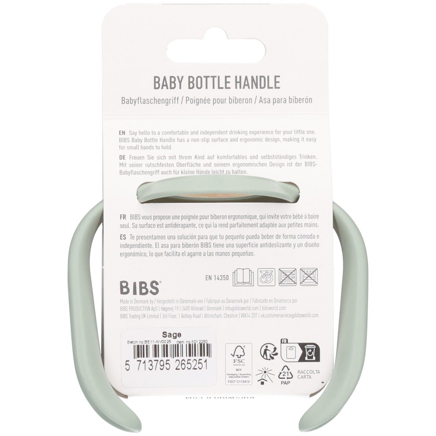 Babyflaschengriff in Salbeigrün mit ergonomischem Design für kleine Hände.