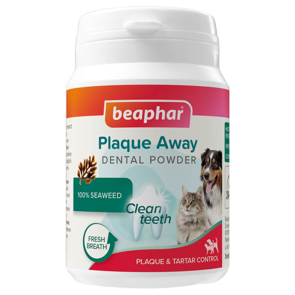 Boîte de Poudre Dentaire Beaphar Plaque Away avec chien et chat, 100% algues pour des dents propres.