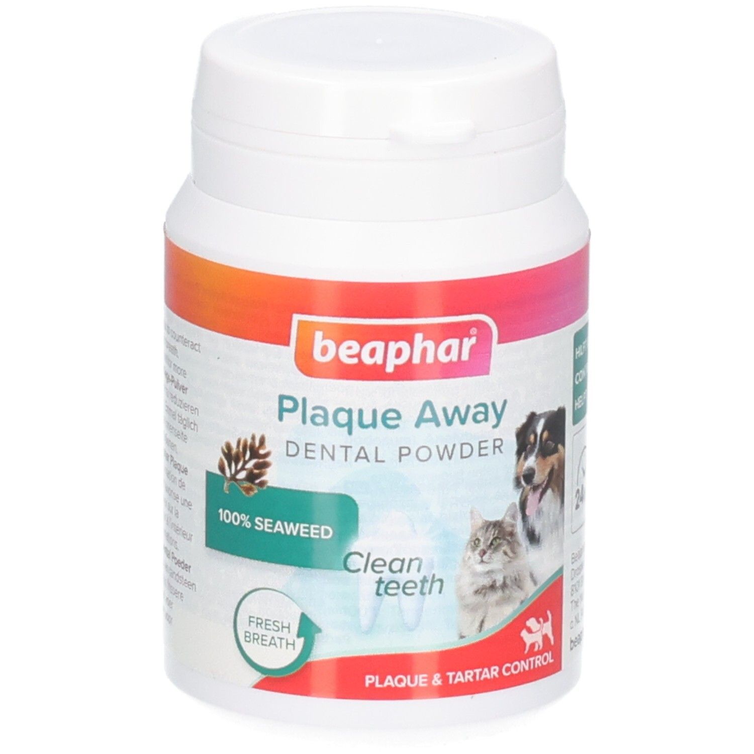 Beaphar Plaque Away Dental Powder Dose mit Hund und Katze, 100% Seetang für saubere Zähne.