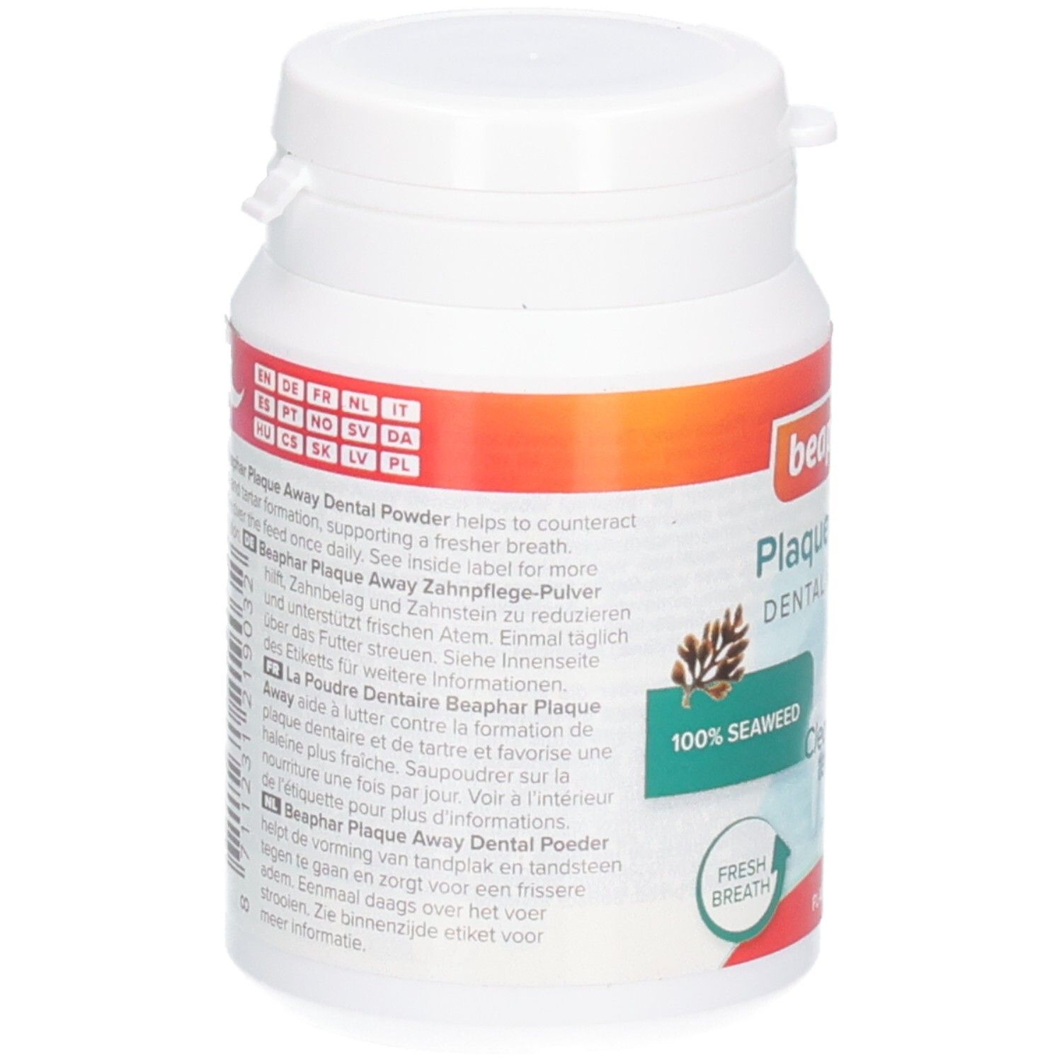 Rückseite der Beaphar Plaque Away Dental Powder Dose mit Anwendungshinweisen und Produktinformationen in mehreren Sprachen.