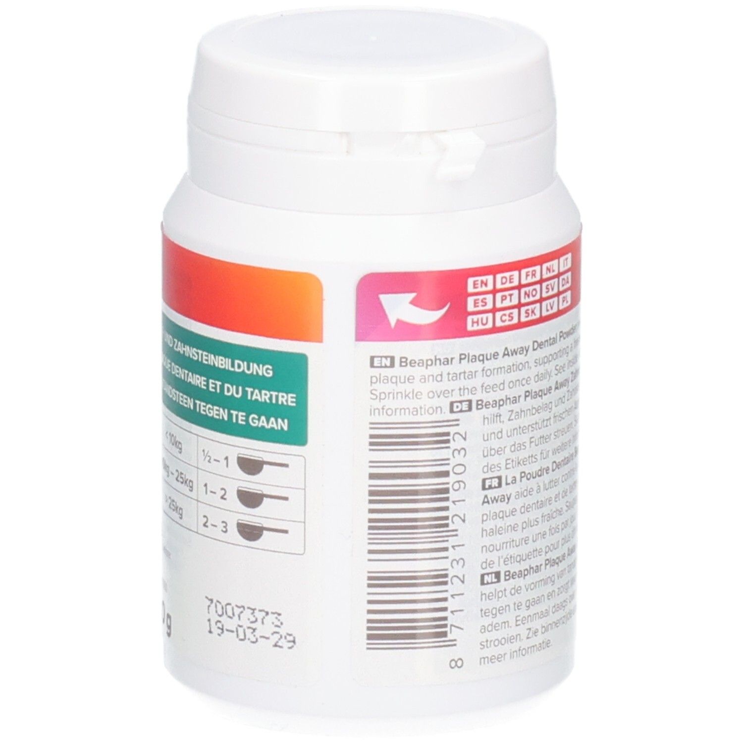 Detailansicht der Beaphar Plaque Away Dental Powder Dose mit Dosierungshinweisen für Hunde und Katzen.