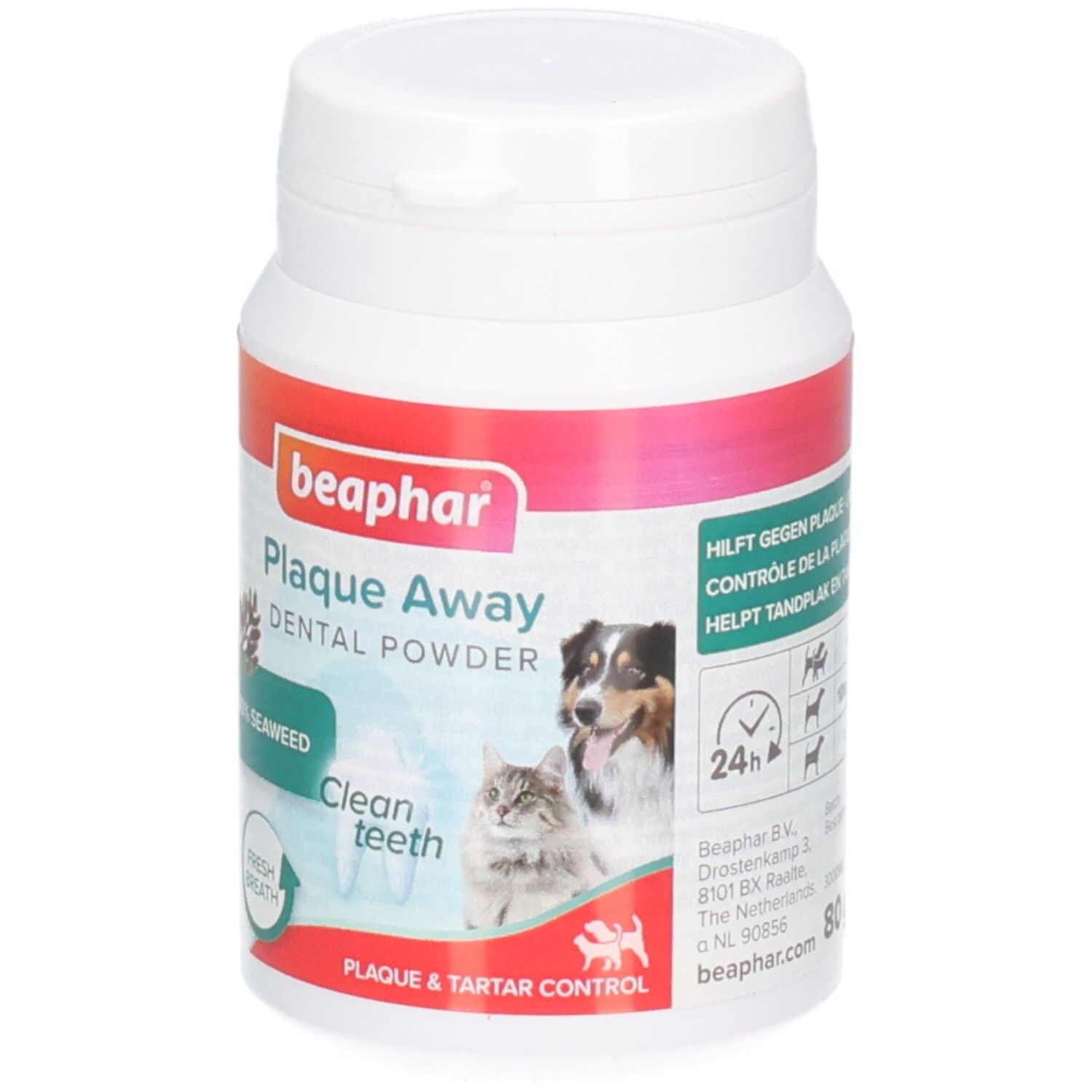 Vorderseite der Beaphar Plaque Away Dental Powder Dose mit Hinweis auf 24h Frische und Plaque-Kontrolle.