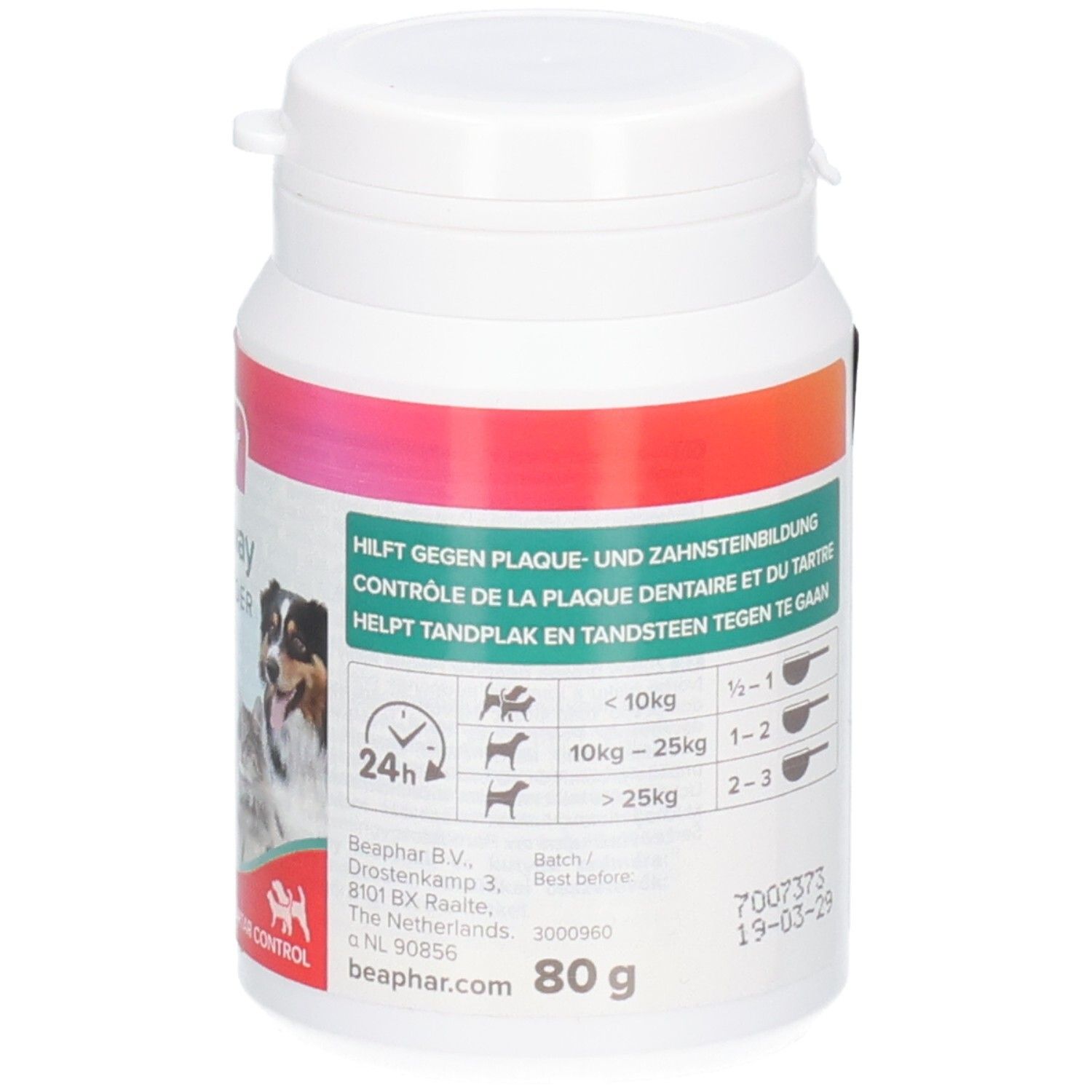 Beaphar Plaque Away Dental Powder Dose mit 80g Inhalt, Adress- und Webseiteninformationen.