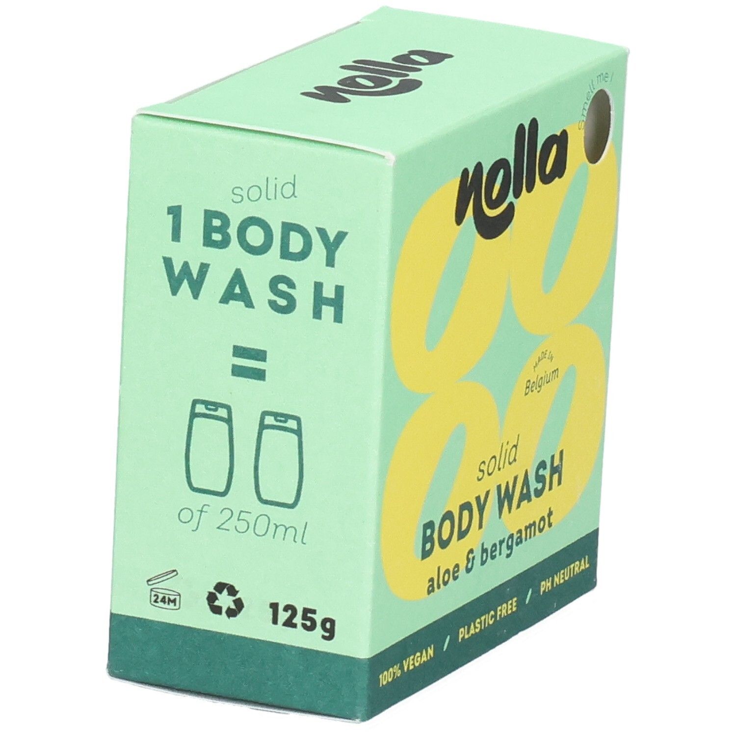 Nolla feste Körperseife, 125g. 1 Stück entspricht 250ml flüssiger Seife. Vegan, plastikfrei.
