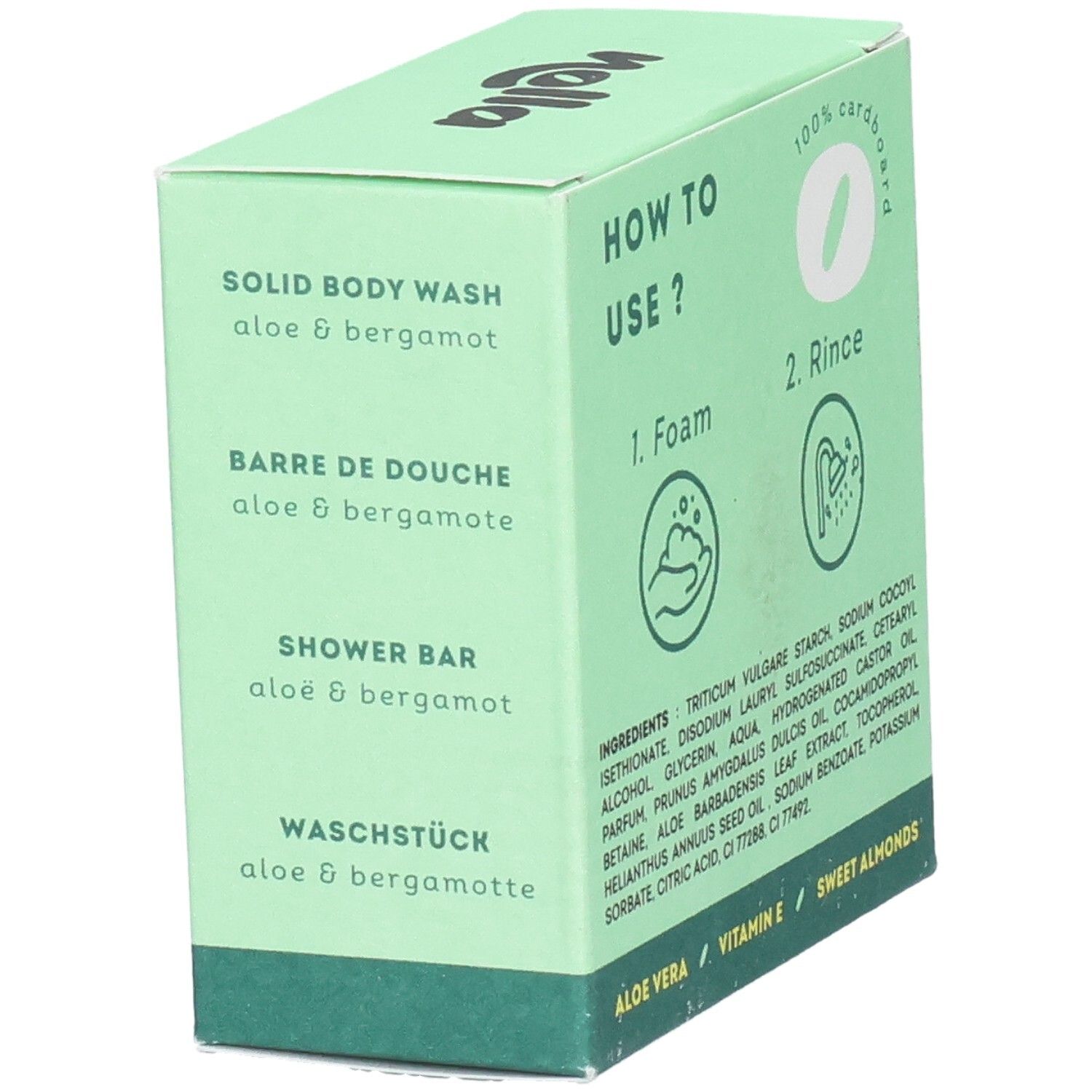 Nolla feste Körperseife Aloe & Bergamotte. Inhaltsstoffe und Anwendungshinweise auf Deutsch.