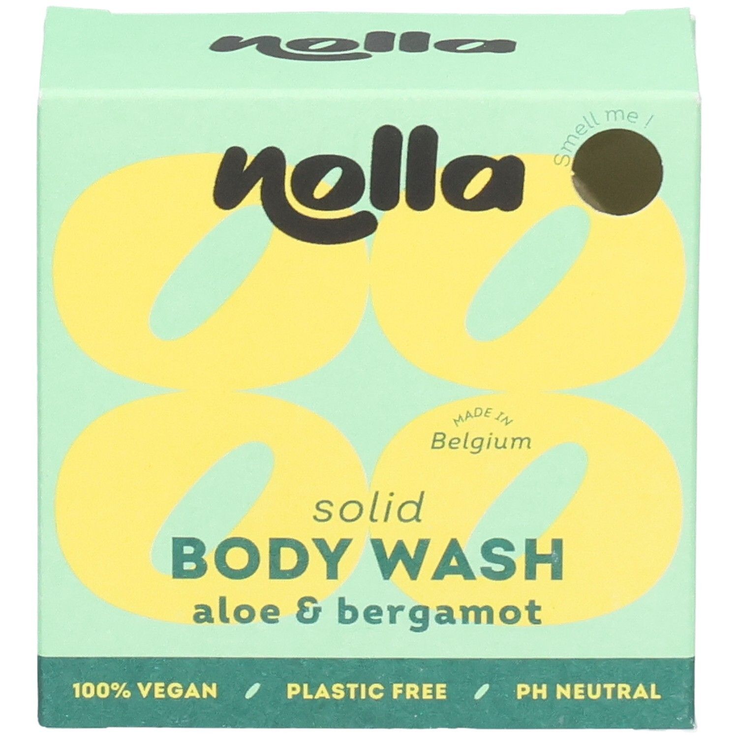 Nolla feste Körperseife Aloe & Bergamotte, hergestellt in Belgien. 100% vegan, plastikfrei.