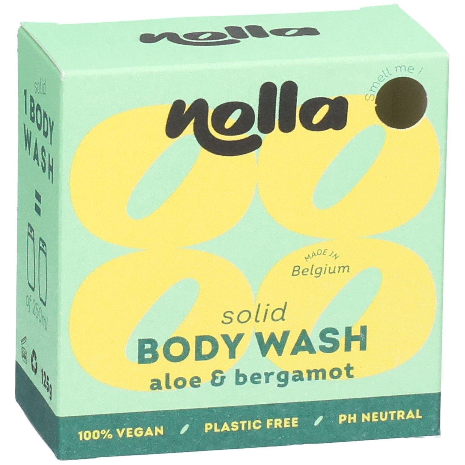 Nolla feste Körperseife Aloe & Bergamotte, 125g. 1 Stück entspricht 250ml flüssiger Seife.
