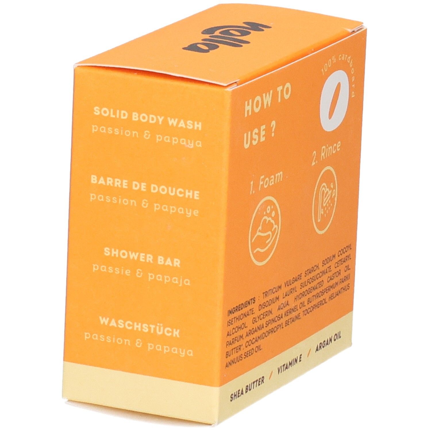 Vue latérale de l'emballage : "solid BODY WASH passion & papaya", "BARRE DE DOUCHE", "SHOWER BAR", "WASCHSTÜCK".