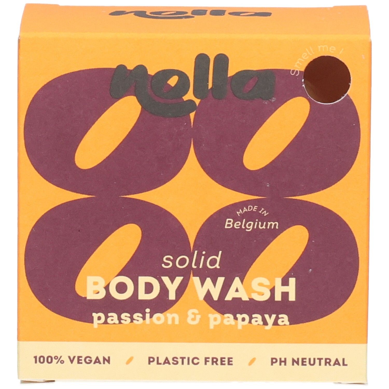 Face avant de l'emballage : "nella", "solid BODY WASH passion & papaya", "Made in Belgium".