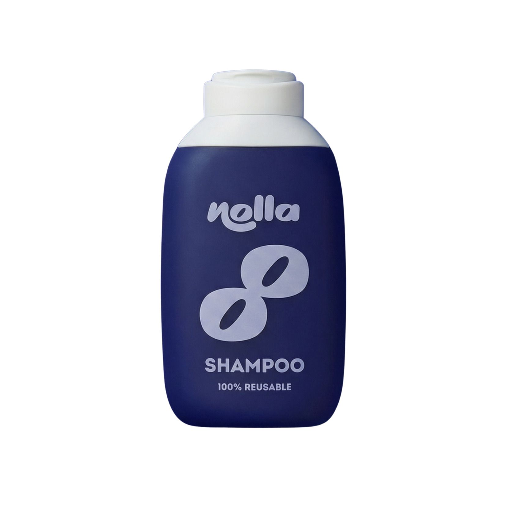 Flacon de shampooing Nolla réutilisable bleu foncé avec bouchon blanc et logo.