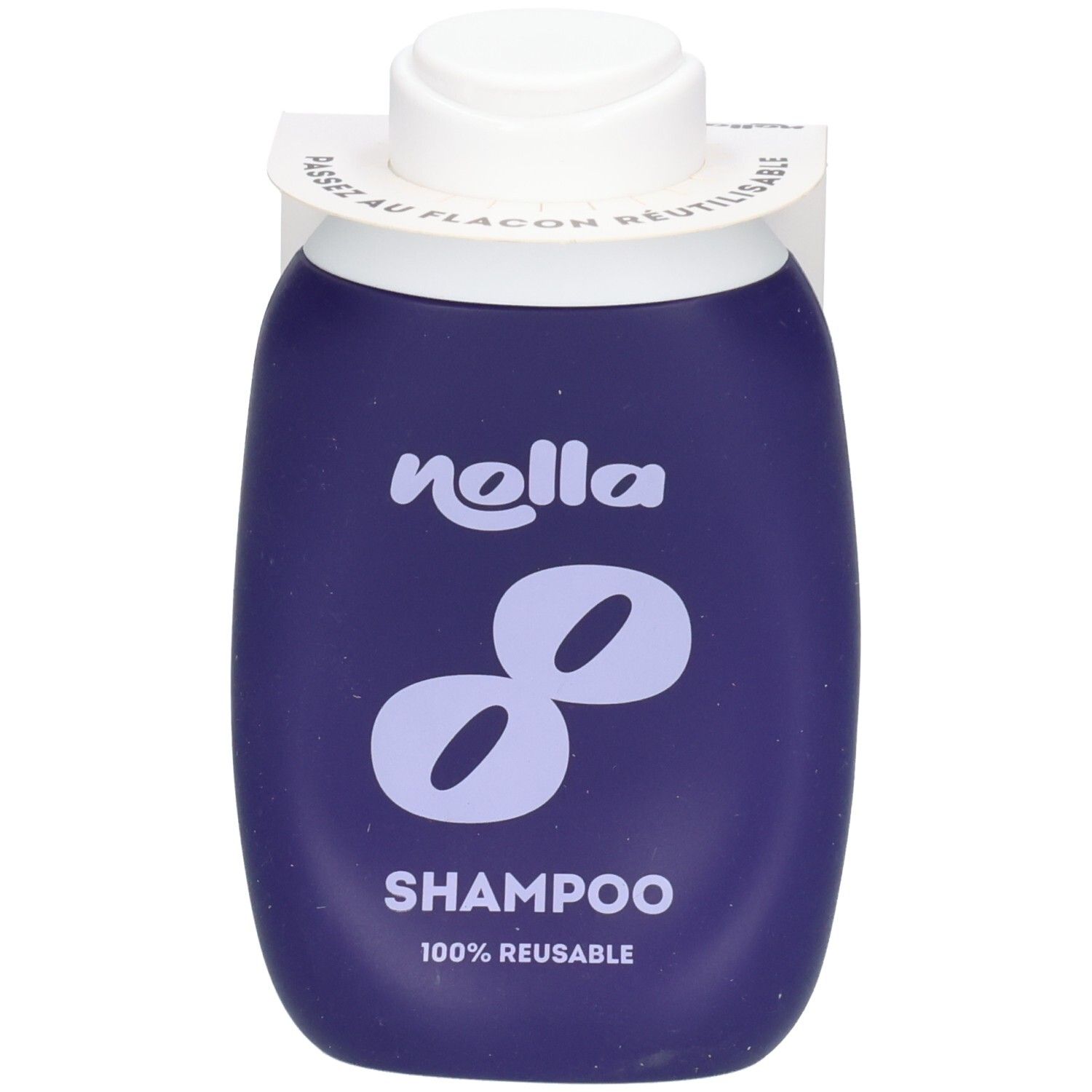 Dunkelblaue, wiederbefüllbare Nolla Shampoo-Flasche mit weißem Verschluss und Logo.