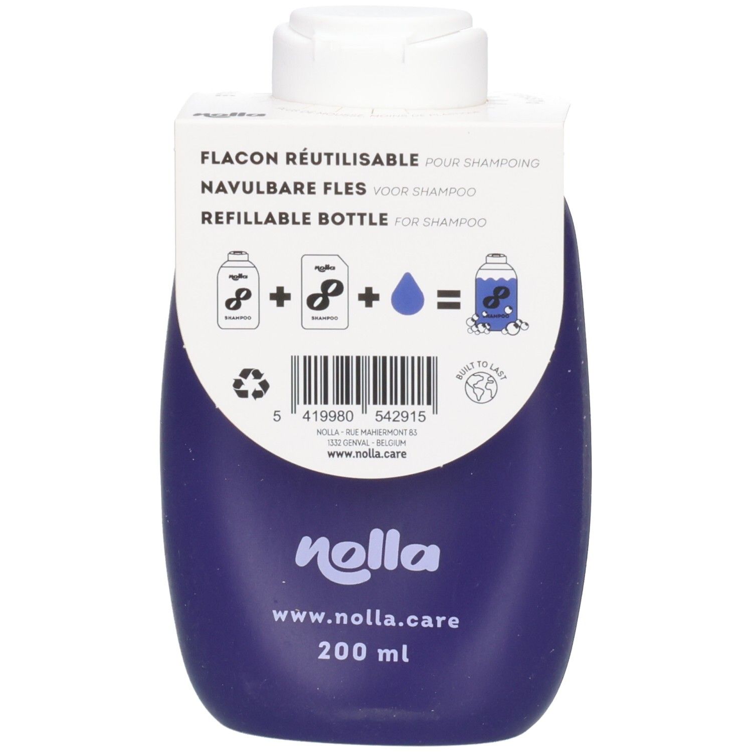 Rückseite einer dunkelblauen, wiederbefüllbaren Nolla Shampoo-Flasche mit Produktinformationen und Logo.