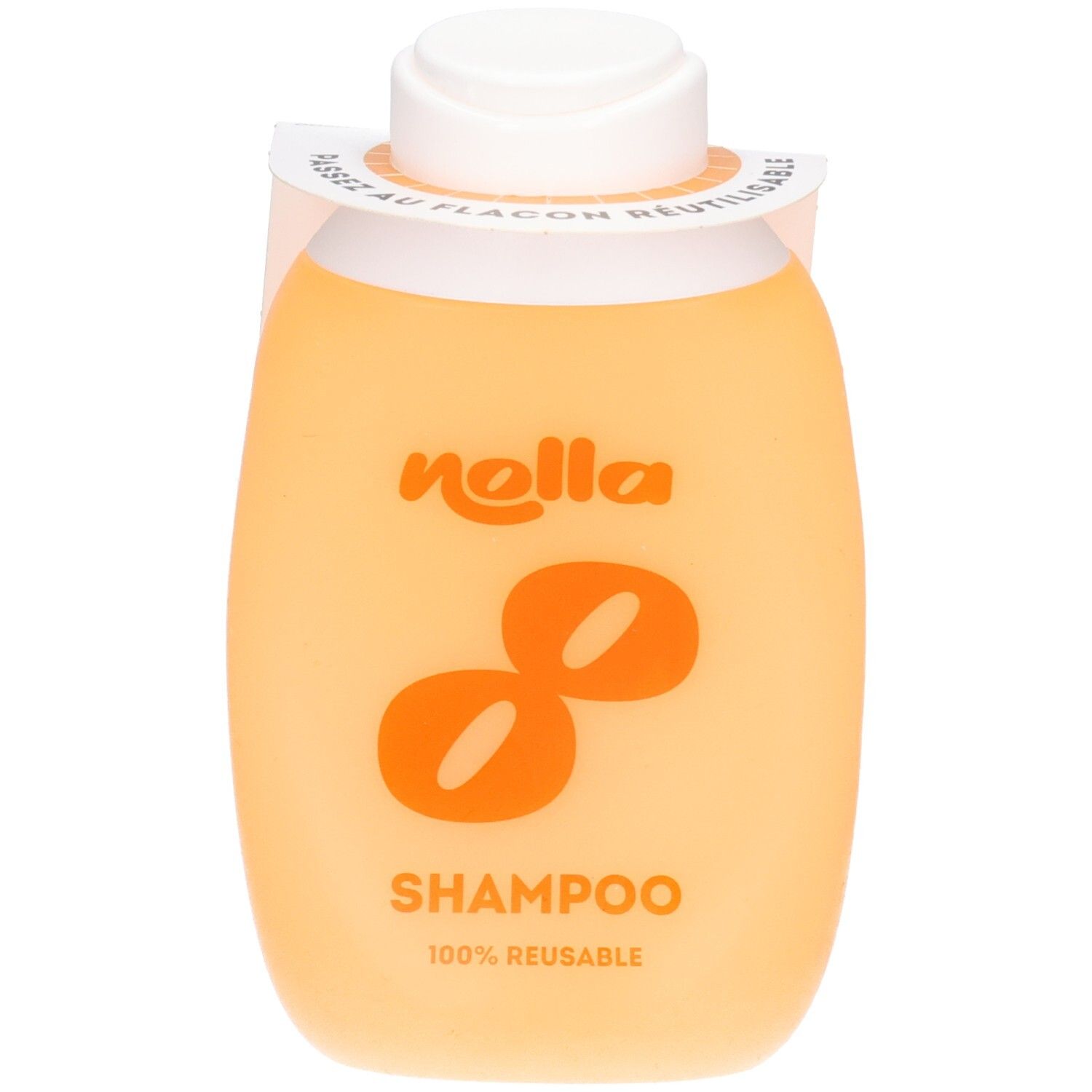 Bouteille de shampooing Nolla orange, 100% réutilisable.