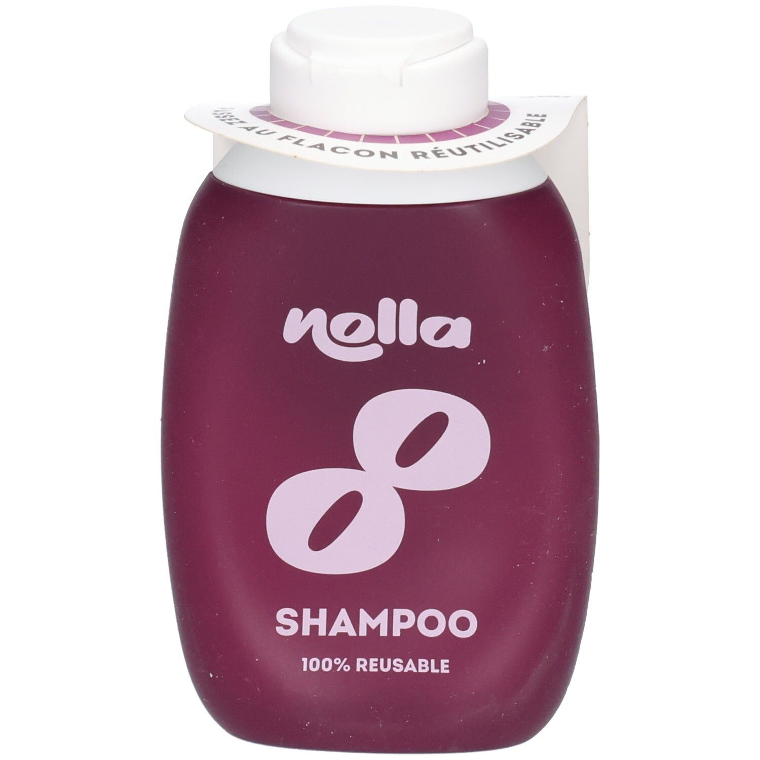 Violette Nolla Shampoo-Flasche mit weißem Verschluss und lila "8"-Logo. 100% wiederverwendbar.