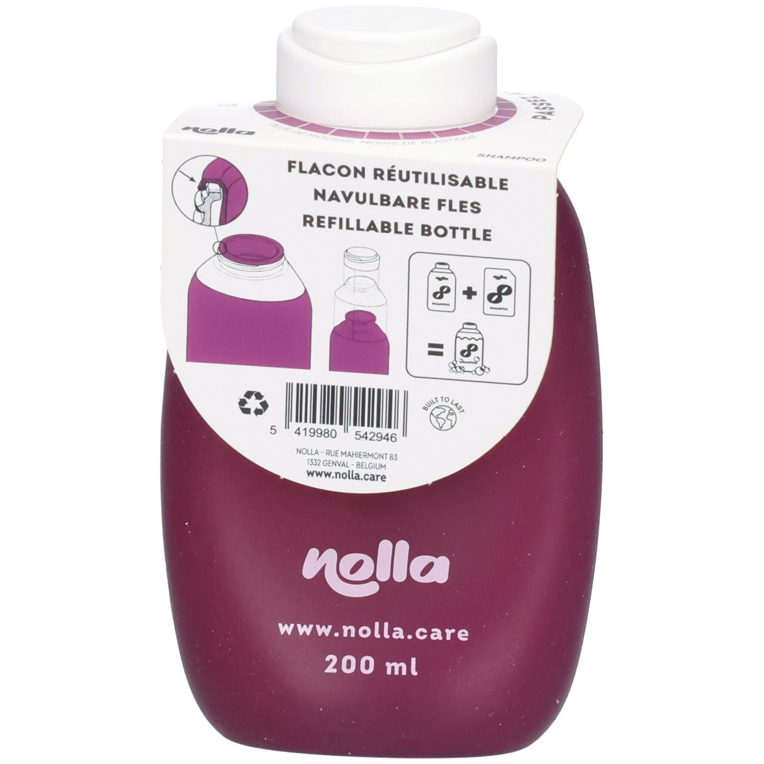 Violette Nolla Shampoo-Flasche, 200 ml, mit weißem Verschluss. Rückseite zeigt Nachfüllanleitung und Barcode.
