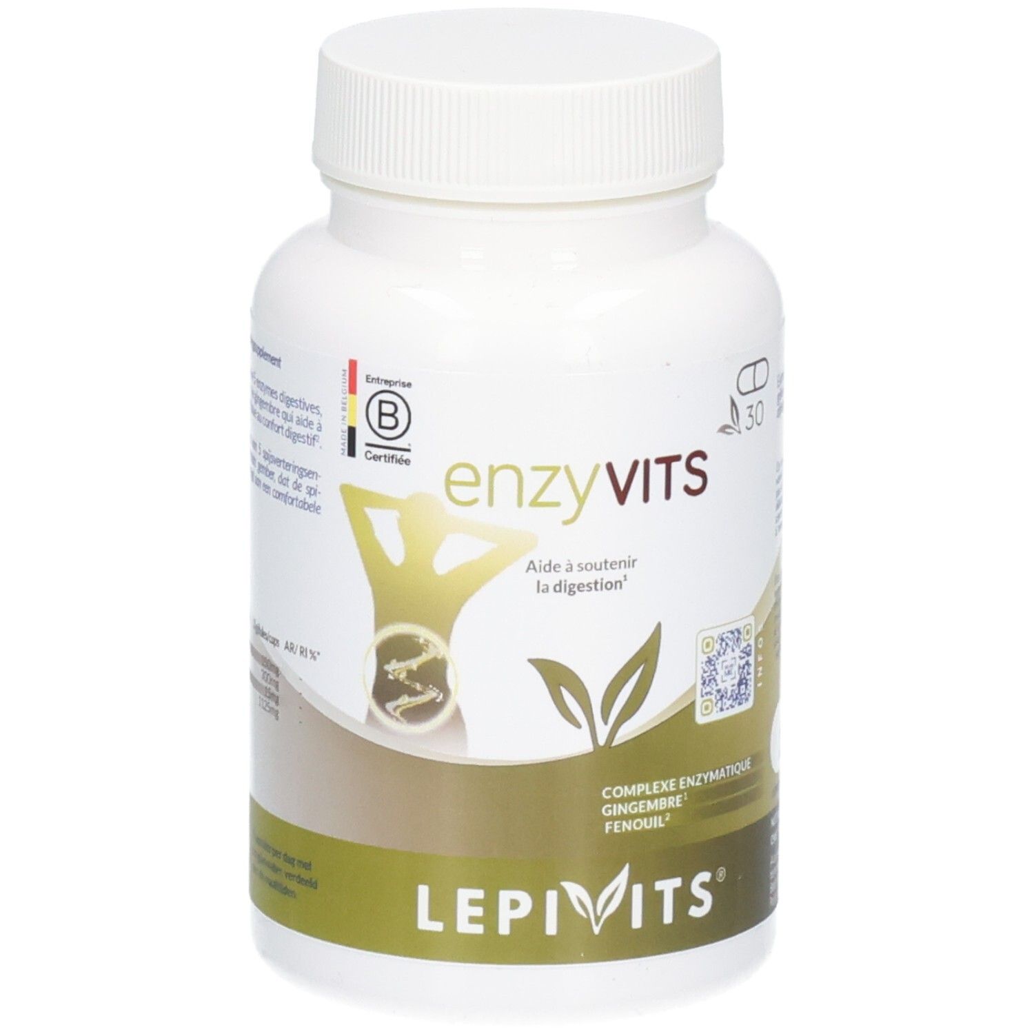 Weiße Pillendose mit Lepivits Enzyvits-Etikett, das Verdauungshilfe anzeigt.