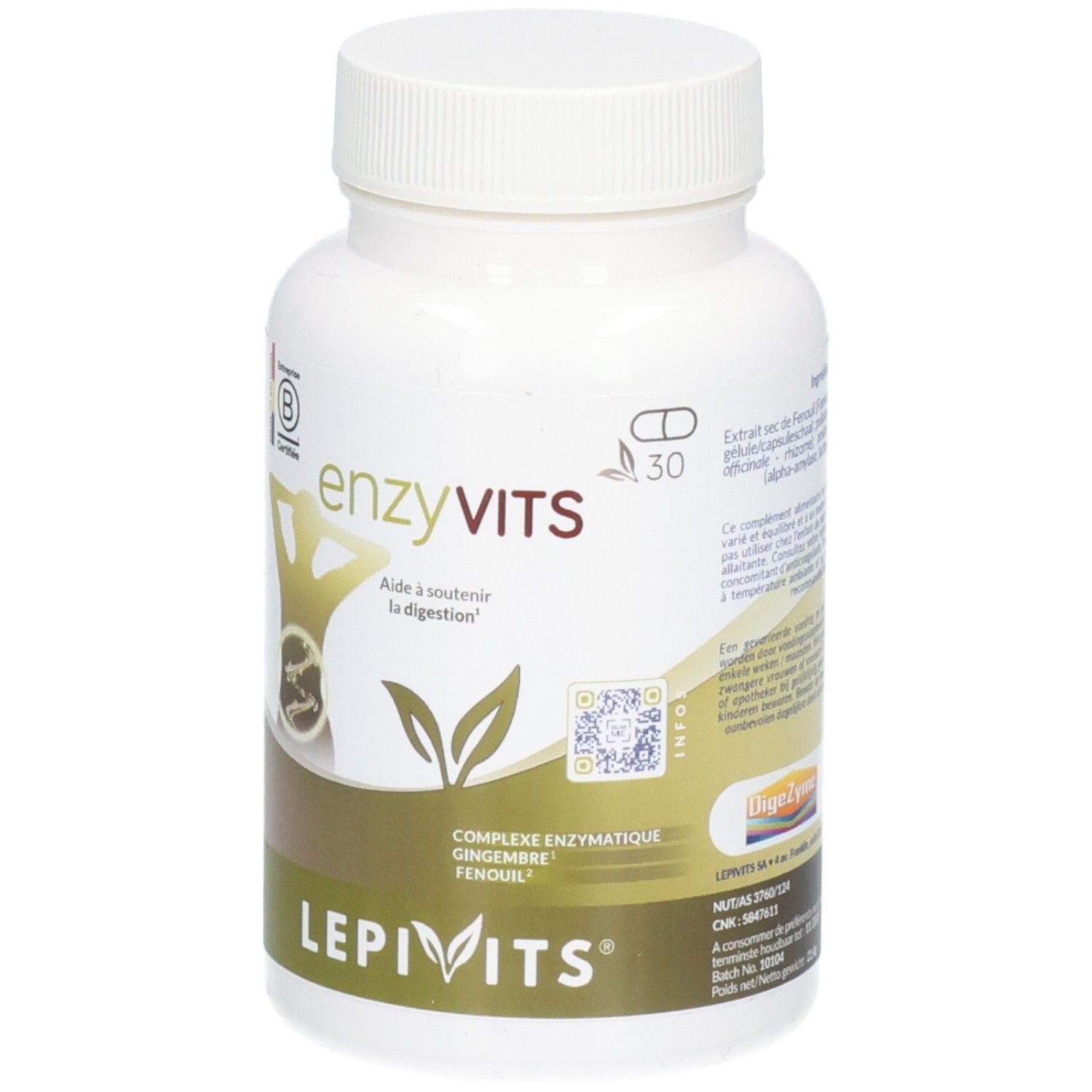 Vorderseite einer weißen Pillendose mit Lepivits Enzyvits-Etikett, das Verdauungshilfe anzeigt.
